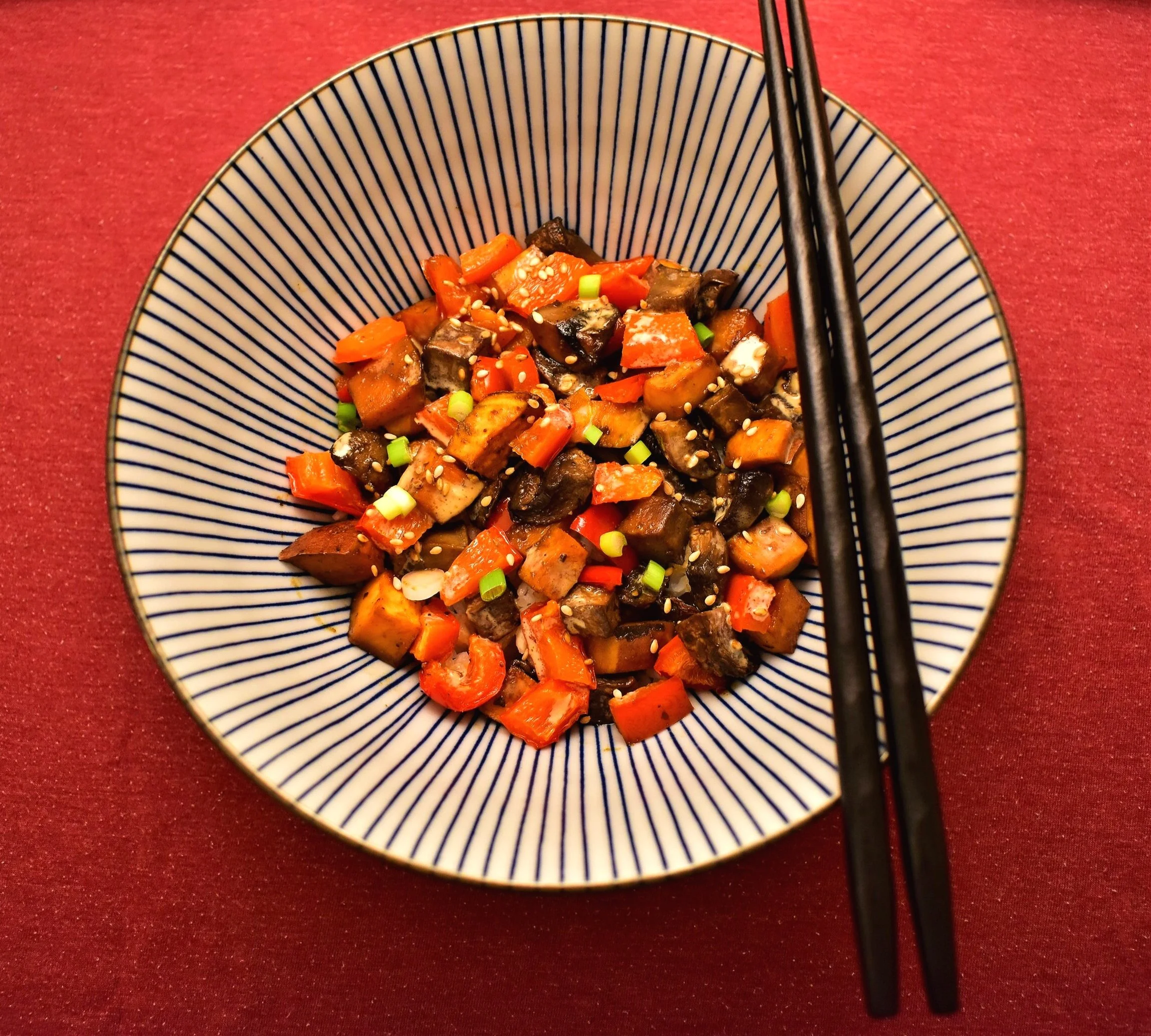 Hoisin-Sesame Roasted Veggie Bowl with Ginger, Scallion Rice
