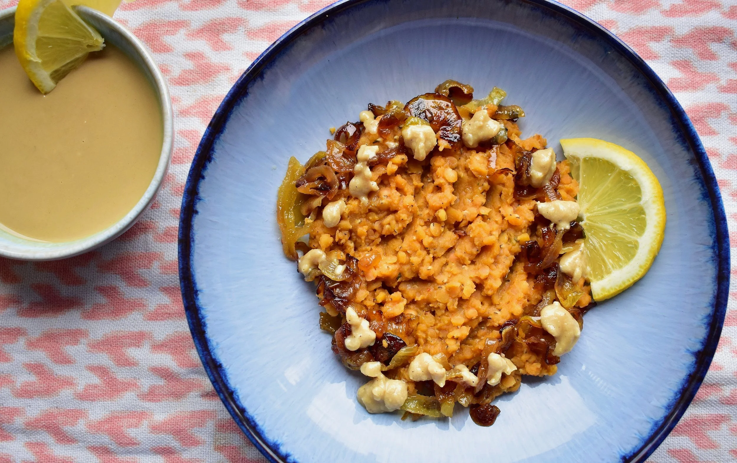 Spicy Harissa-Lentils with Lemon Tahini Dressing and Caramelized Onions