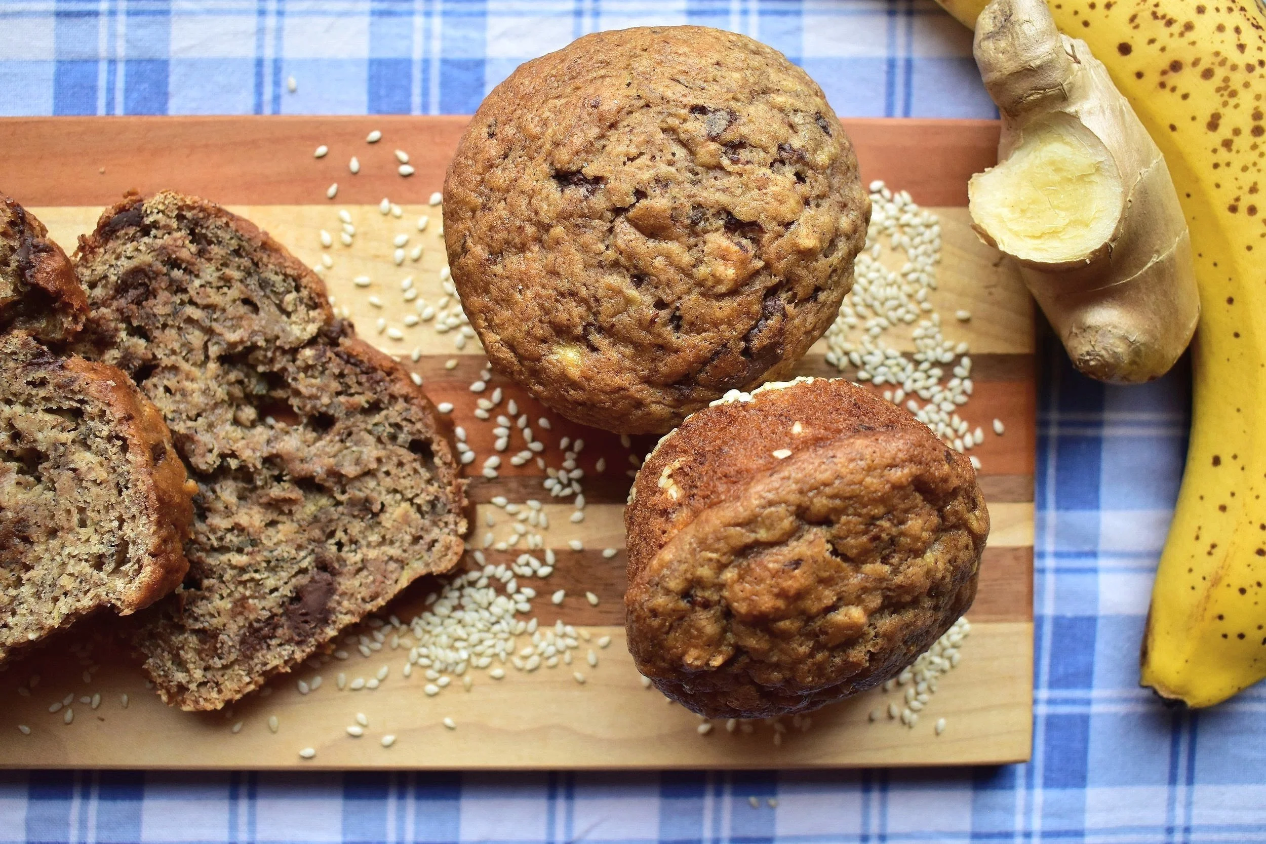 Sesame Crusted Ginger Banana Bread with Dark Chocolate Chips