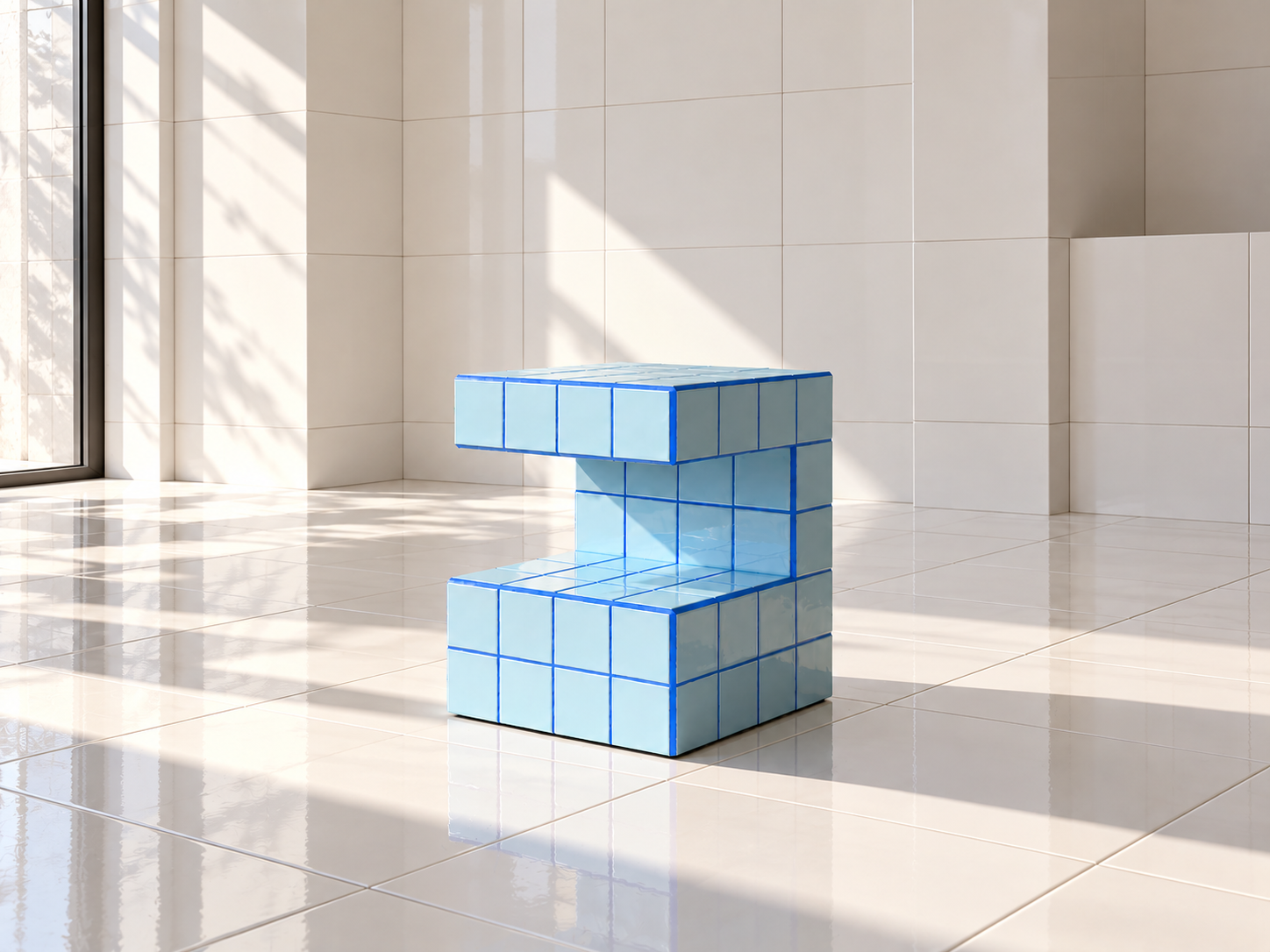 Tabouret bleu sculptural dans une pièce carrelée.png