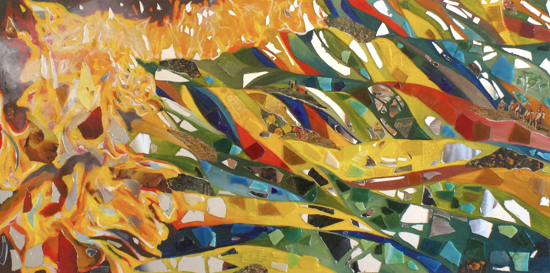 Burning Meadow, acrylic, glass, and mirror on canvas, 24 x 48 in, 2025