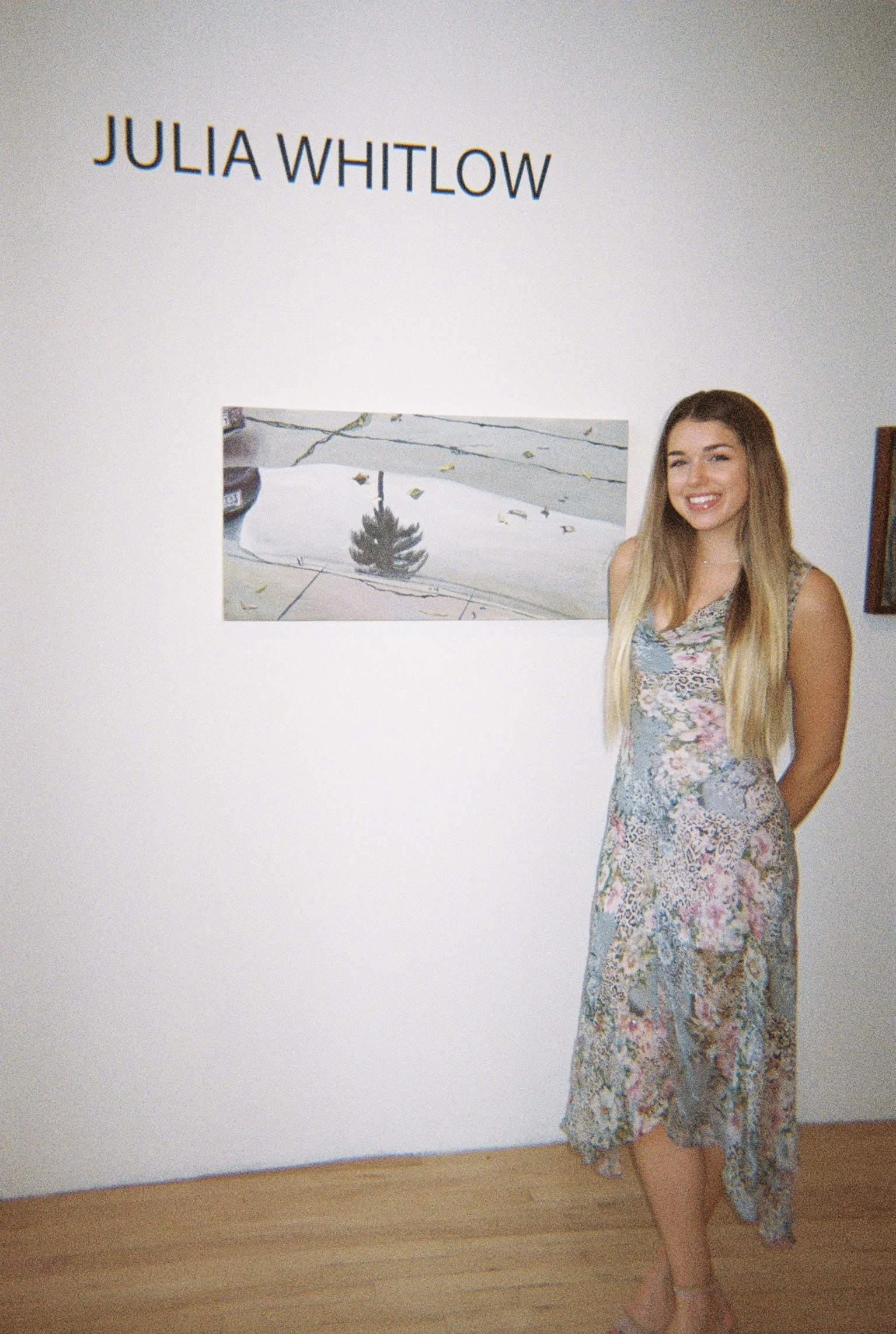 A woman with long blonde hair, wearing a floral dress, stands in front of a white gallery wall with the words "Julia Whitlow" written on it. A painting or photograph depicting a pavement with fallen leaves and a tree is also visible.