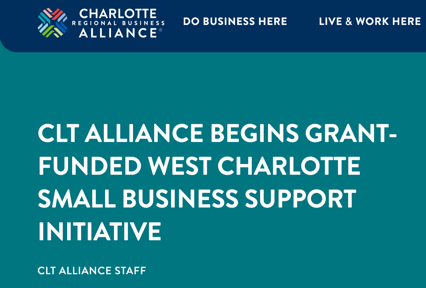 Announcement about CLT Alliance receiving a grant for small business support in West Charlotte, with the Charlotte Regional Business Alliance logo and navigation menu options