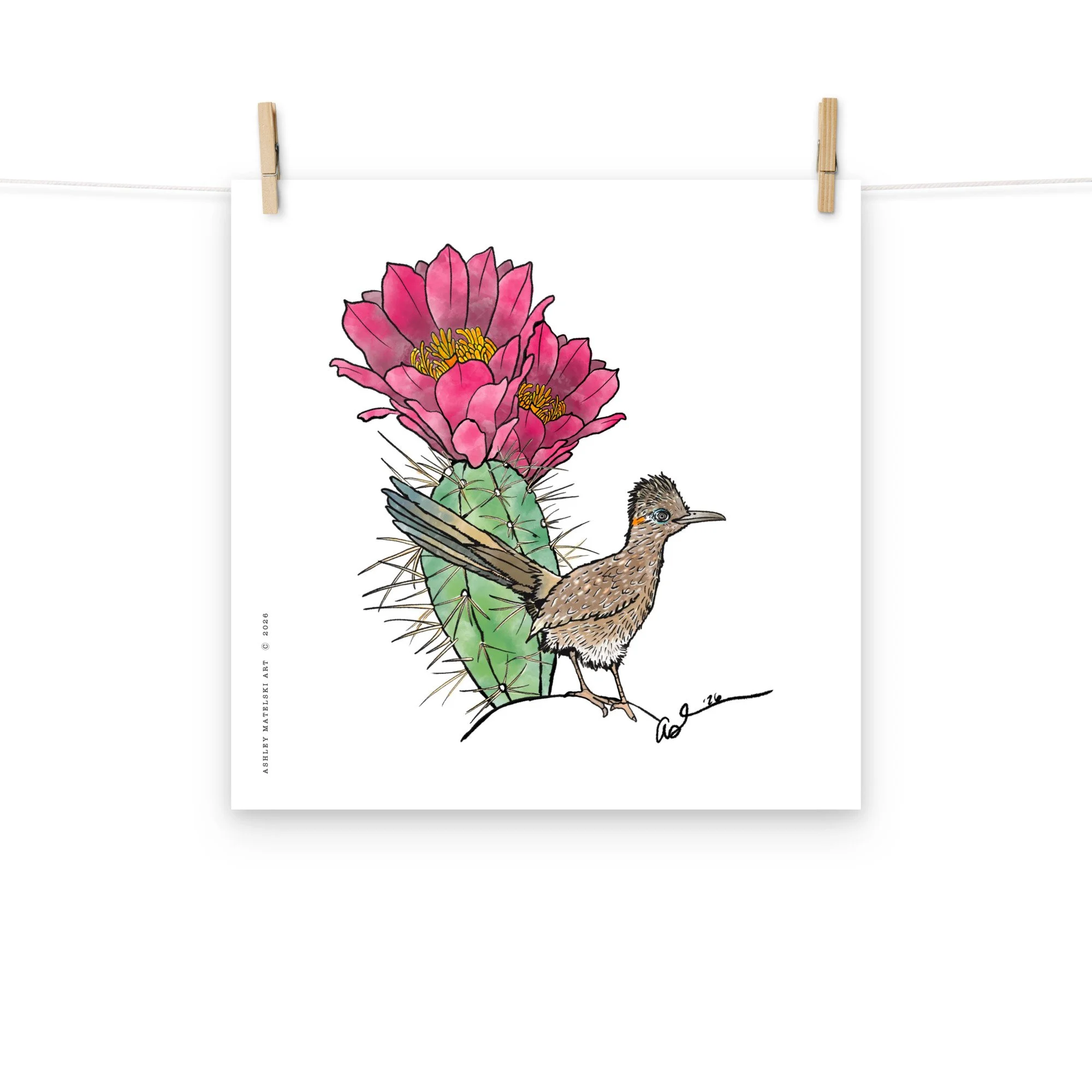 Roadrunner and Cactus Art | Watercolor Print