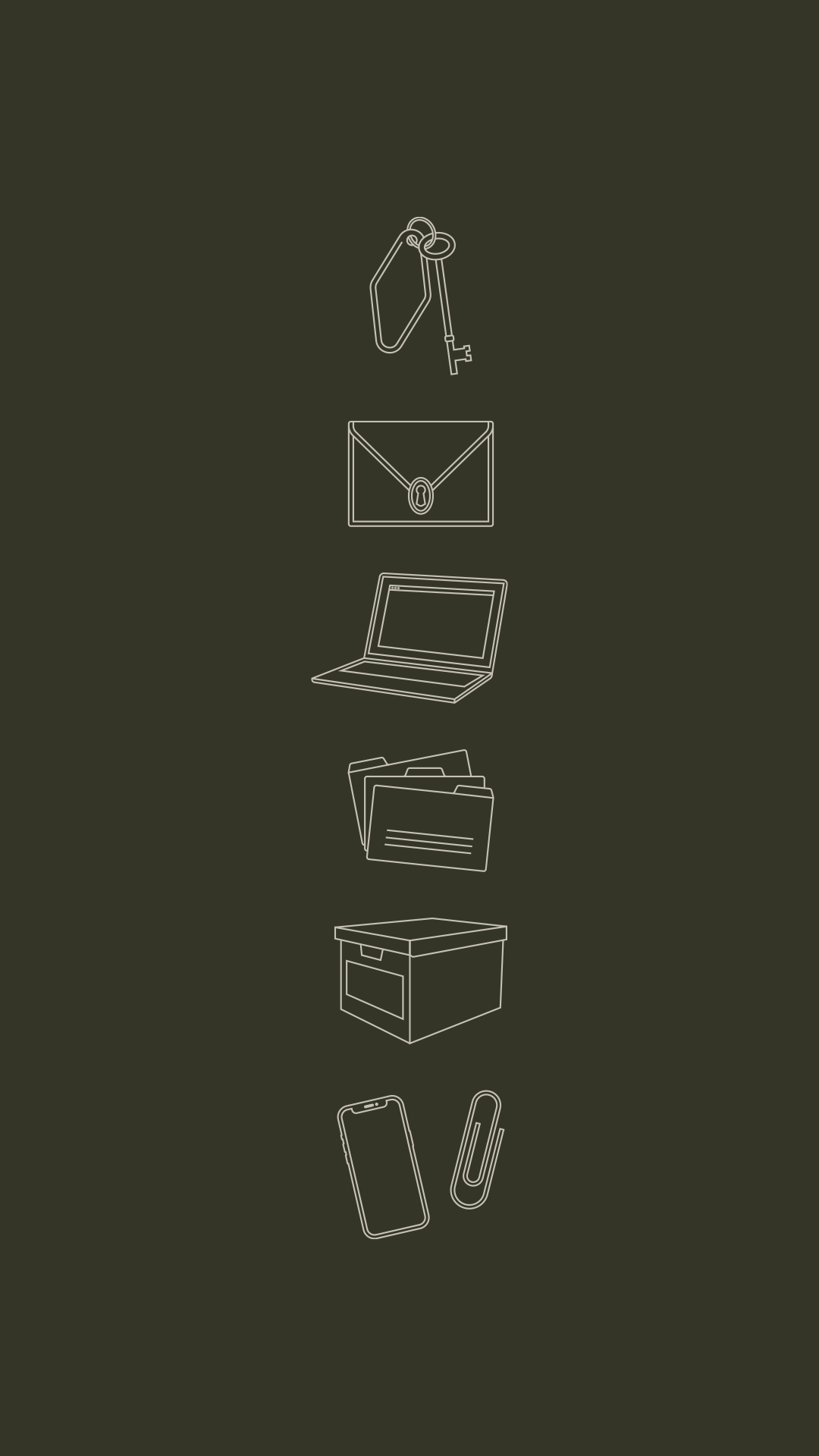 The Archive Creative Agency line-art brand icons: key, envelope, laptop, file folder, archive box, phone