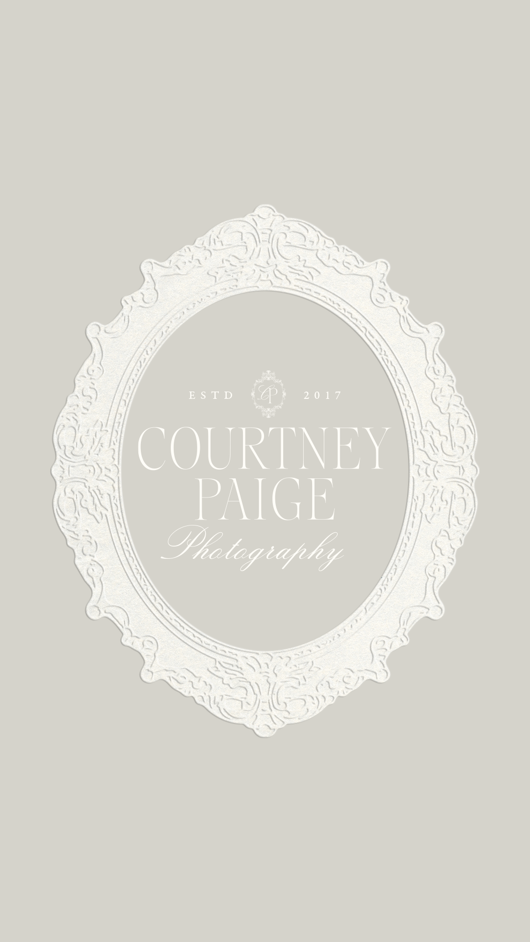 Embossed oval frame logo mark in neutral tone, Courtney Paige Photography brand identity design