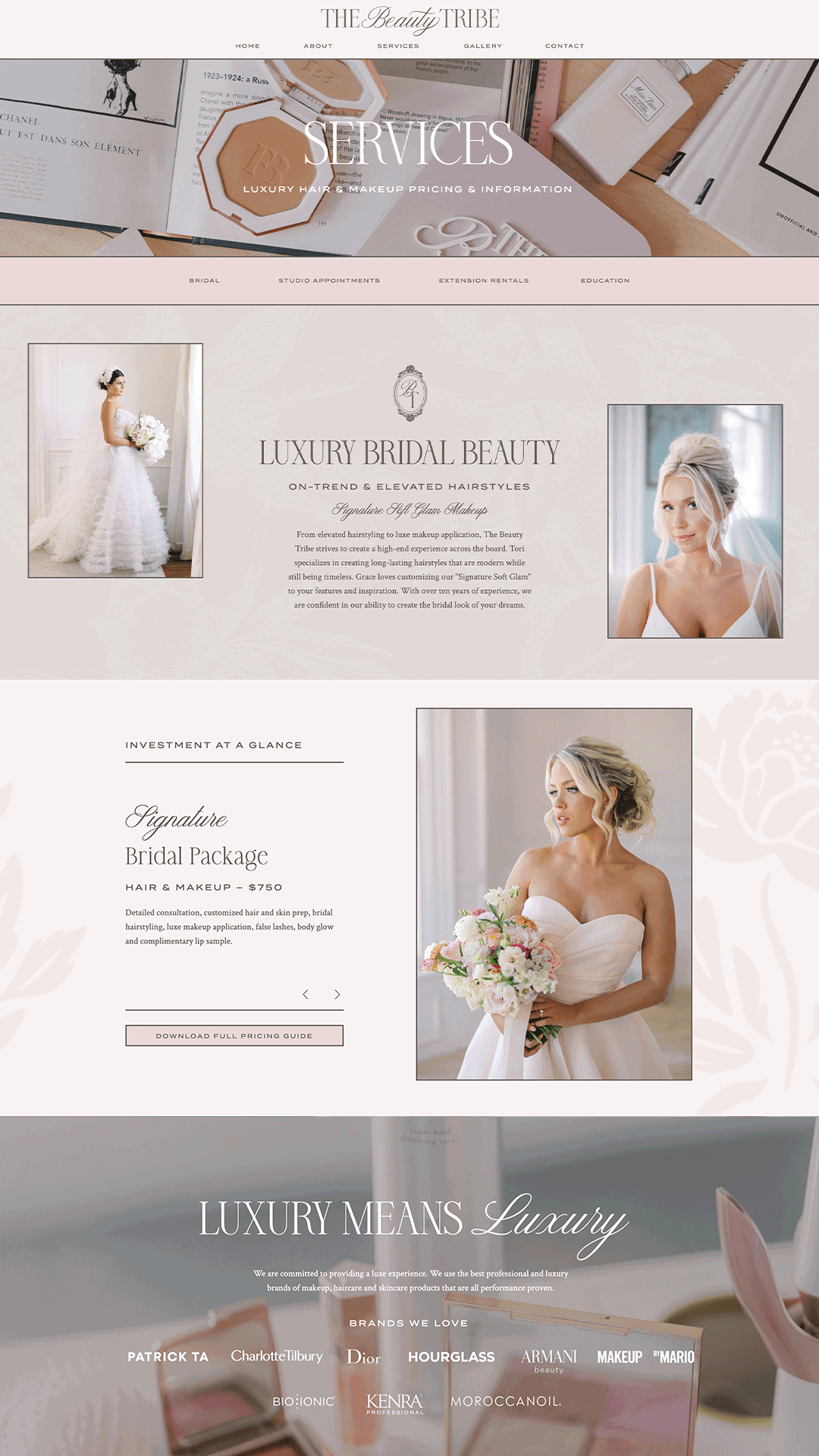 Animated scroll through The Beauty Tribe custom Showit services page, luxury bridal hair and makeup website design