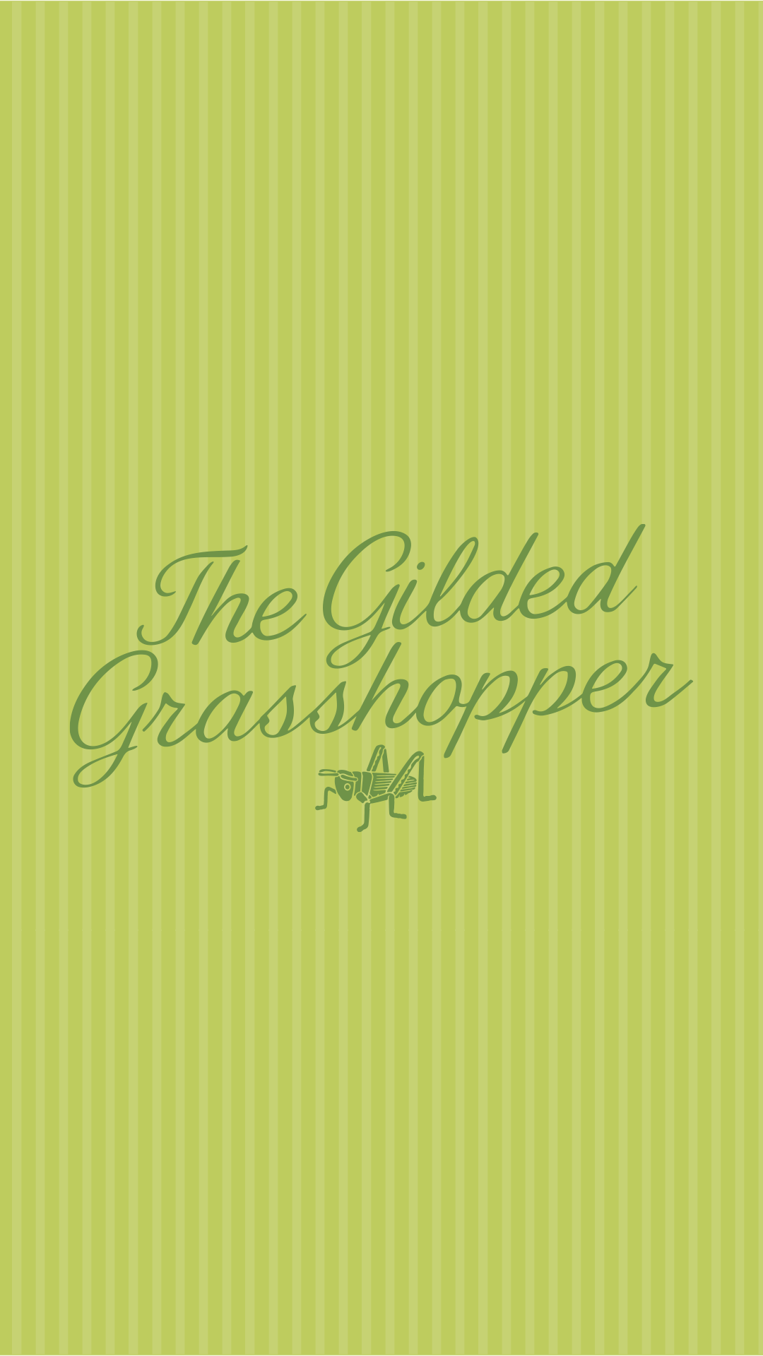The Gilded Grasshopper primary script logo with grasshopper mark in green on a Clover striped background, mahjong brand identity design