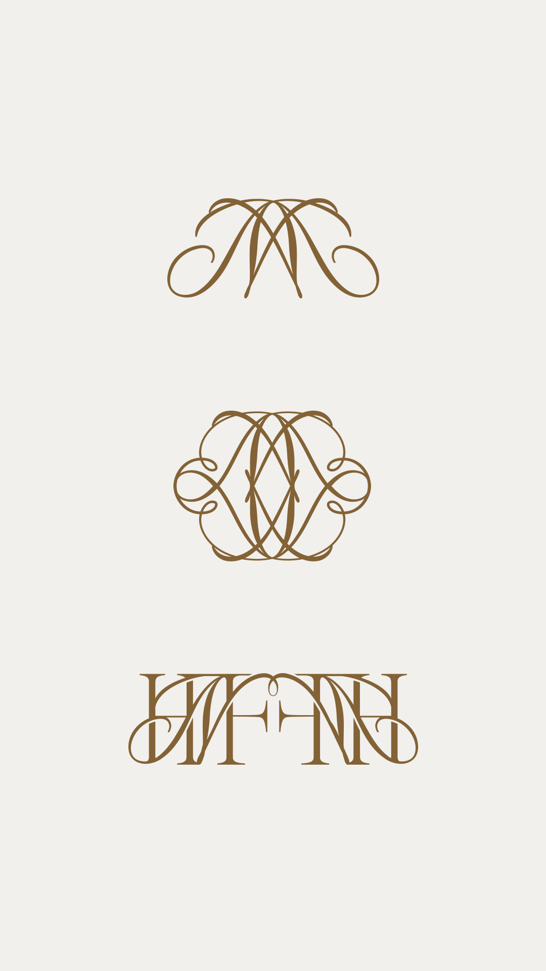 Her Next Flex decorative flourish monograms and HNF logo mark variations in gold on an ivory background