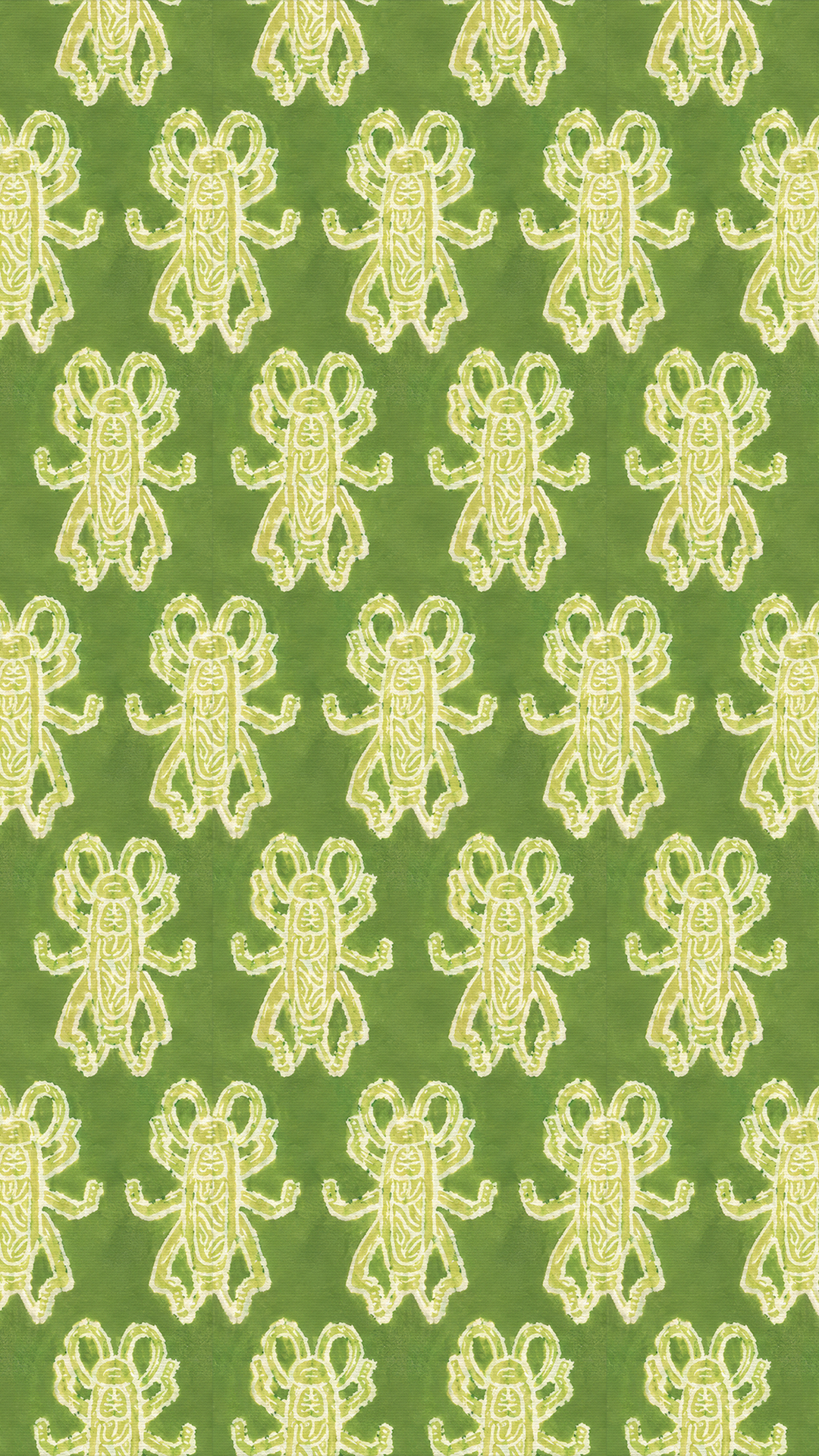 Painterly block print repeating grasshopper pattern in light green on a deep green background, a custom brand pattern for a mahjong linens business