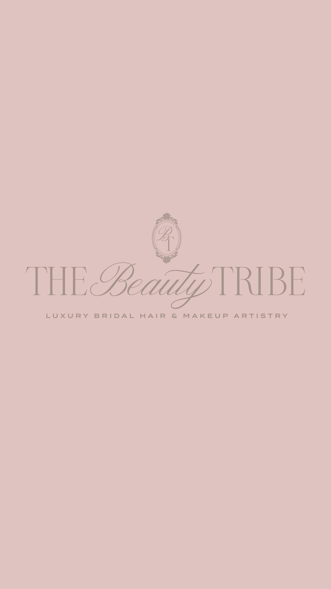The Beauty Tribe primary logo with BT monogram crest and luxury bridal hair and makeup artistry tagline on blush, custom brand identity design