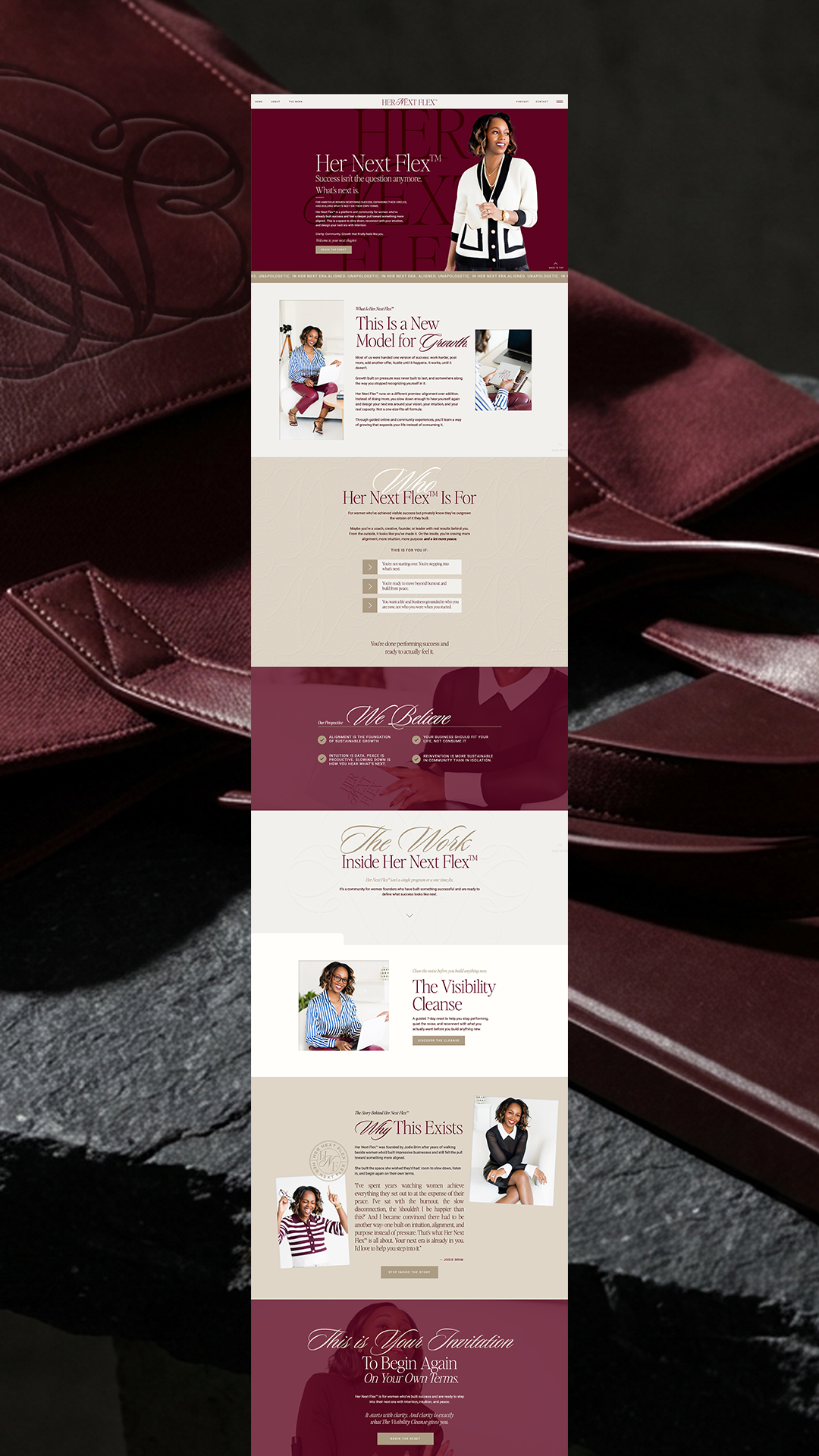 Her Next Flex Showit website homepage design showing hero, about, and services sections for a business coach