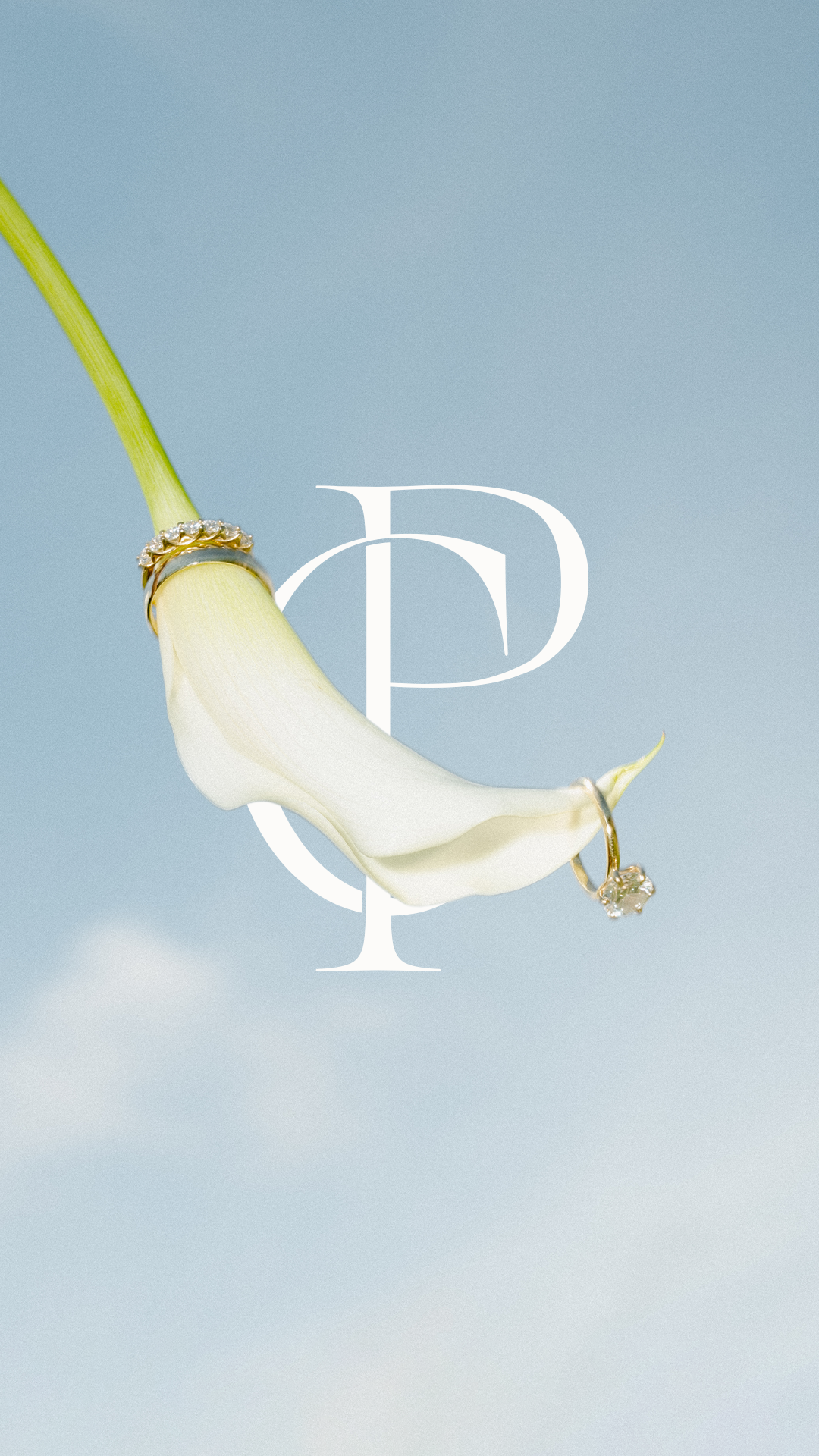 Calla lily with wedding rings and CP monogram overlay, luxury wedding photography brand photography