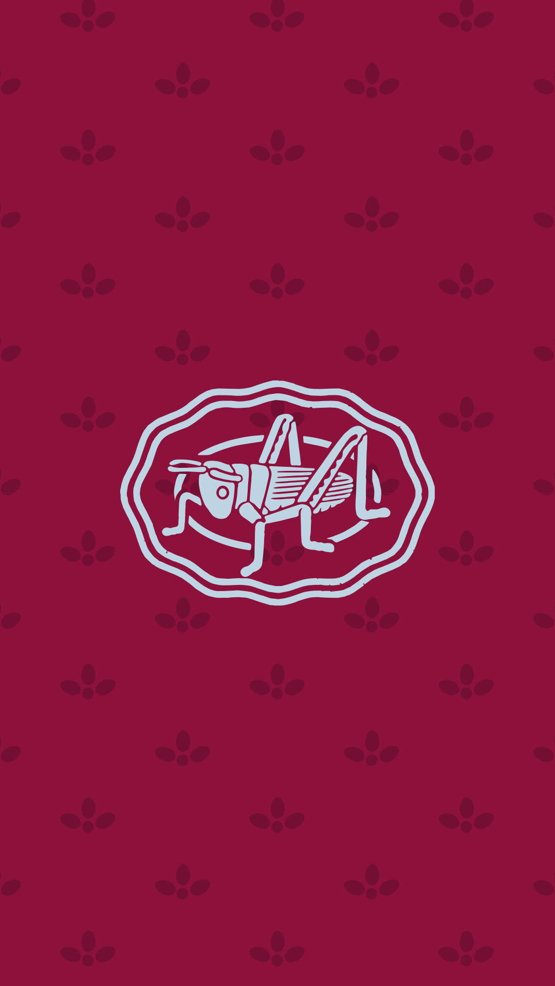 Scalloped grasshopper badge logo in sky blue on a mulberry background with a leaf pattern, brand mark for a mahjong accessories company