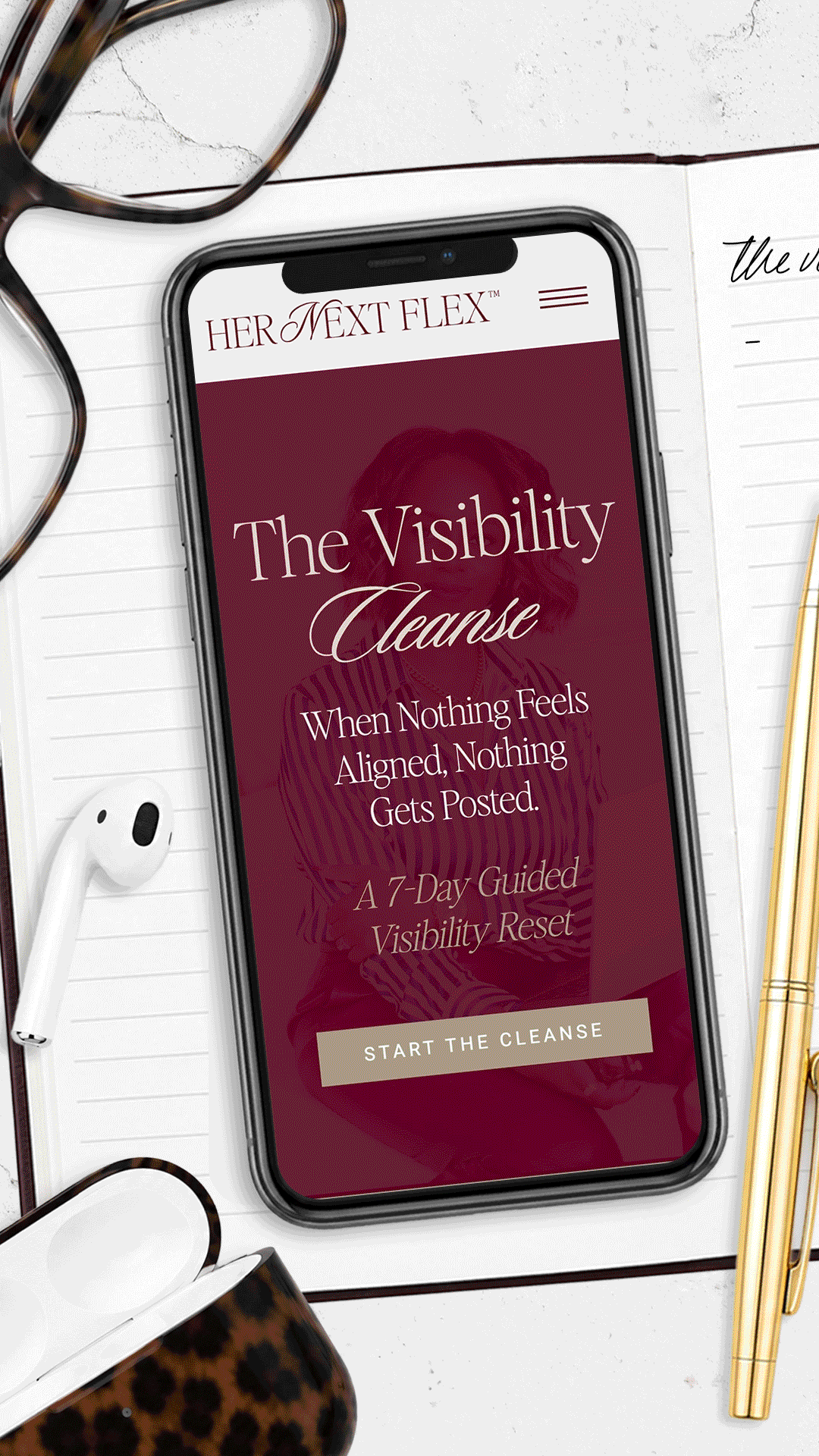 The Visibility Cleanse landing page design on a mobile mockup, a 7-day guided reset offer built for Her Next Flex