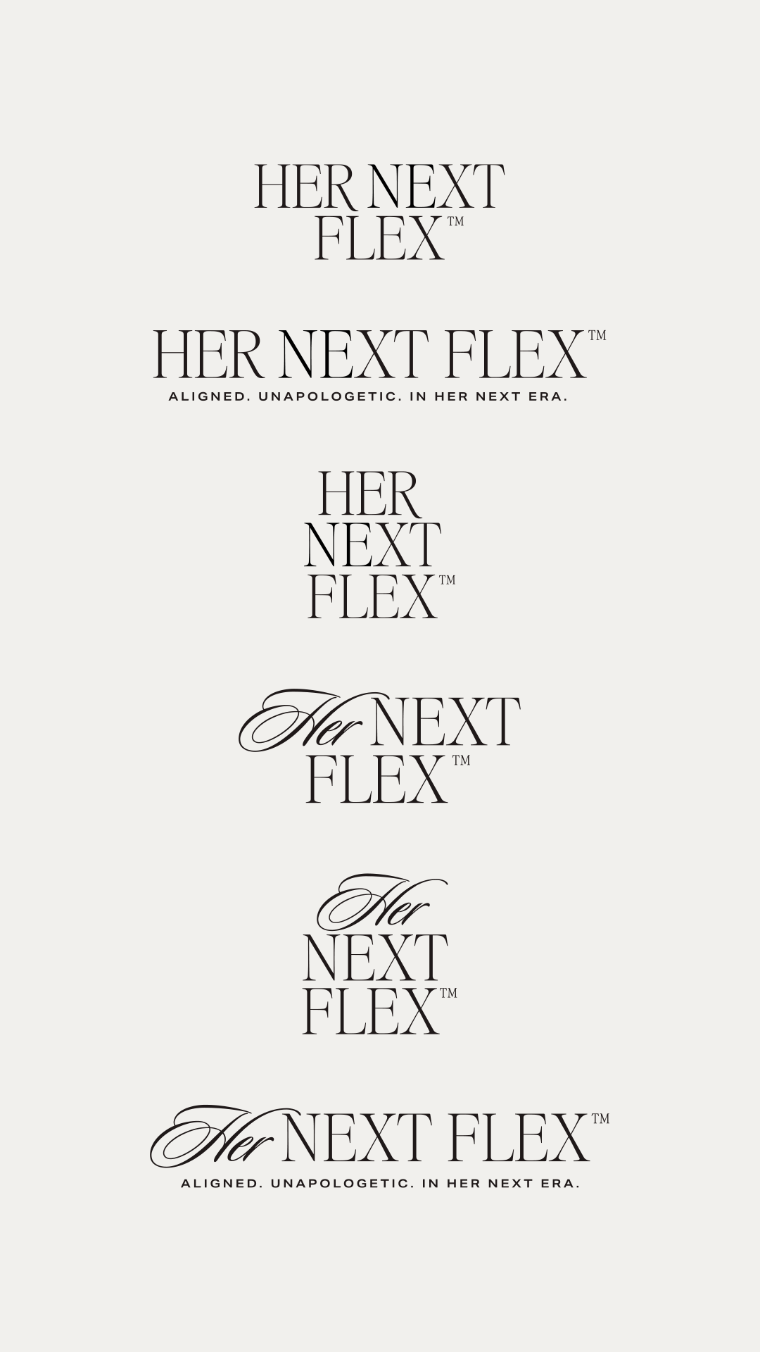 Her Next Flex logo lockup variations with the tagline "Aligned. Unapologetic. In Her Next Era." brand style guide
