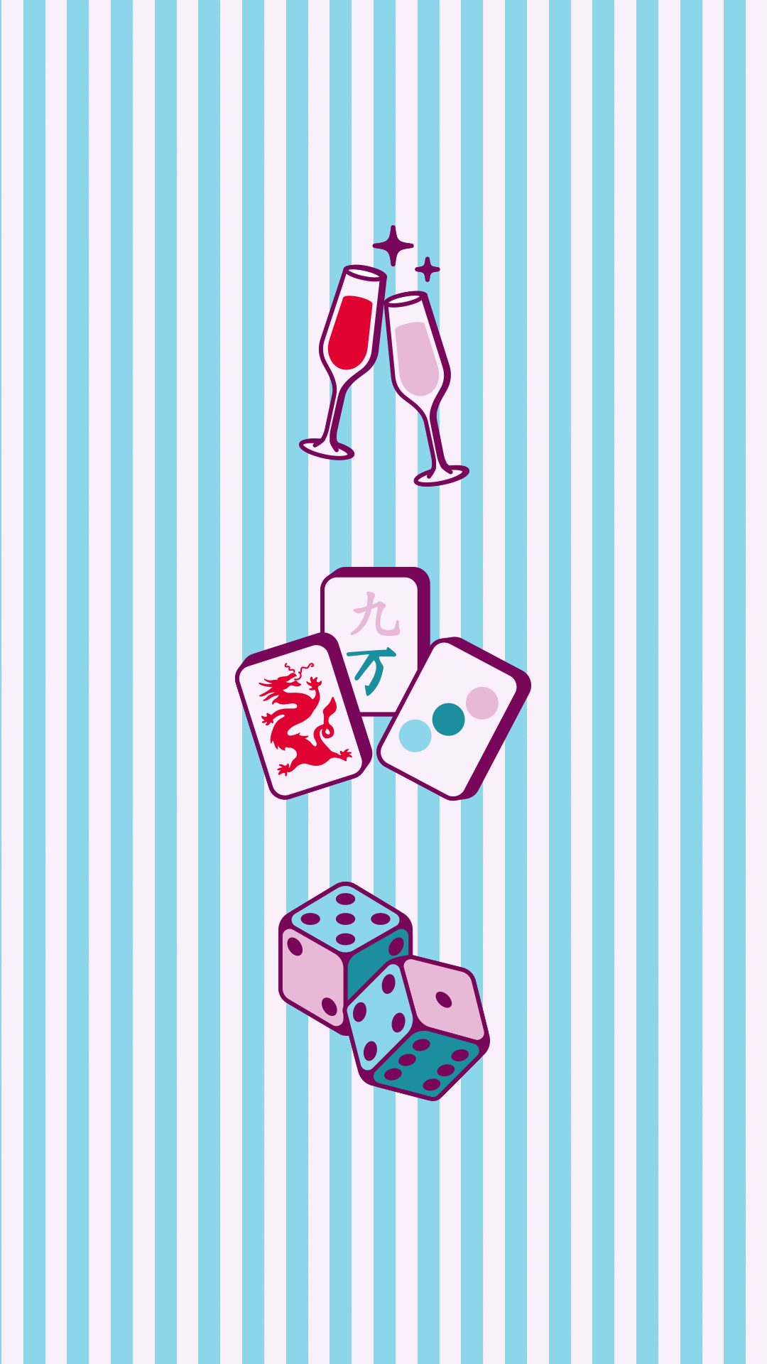Camel City Mahjong graphic pattern with mahjong tiles, dice, and champagne on a striped background