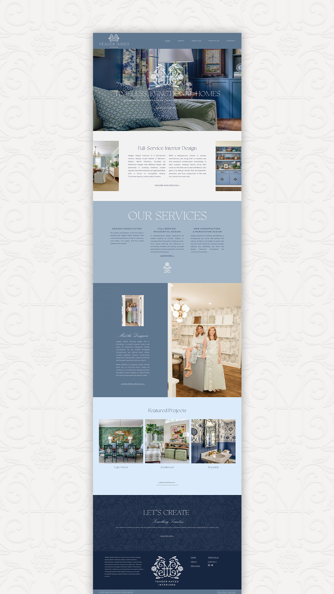 Yeager Hayes Interiors website design homepage with hero image, services section, and portfolio preview — interior design website design