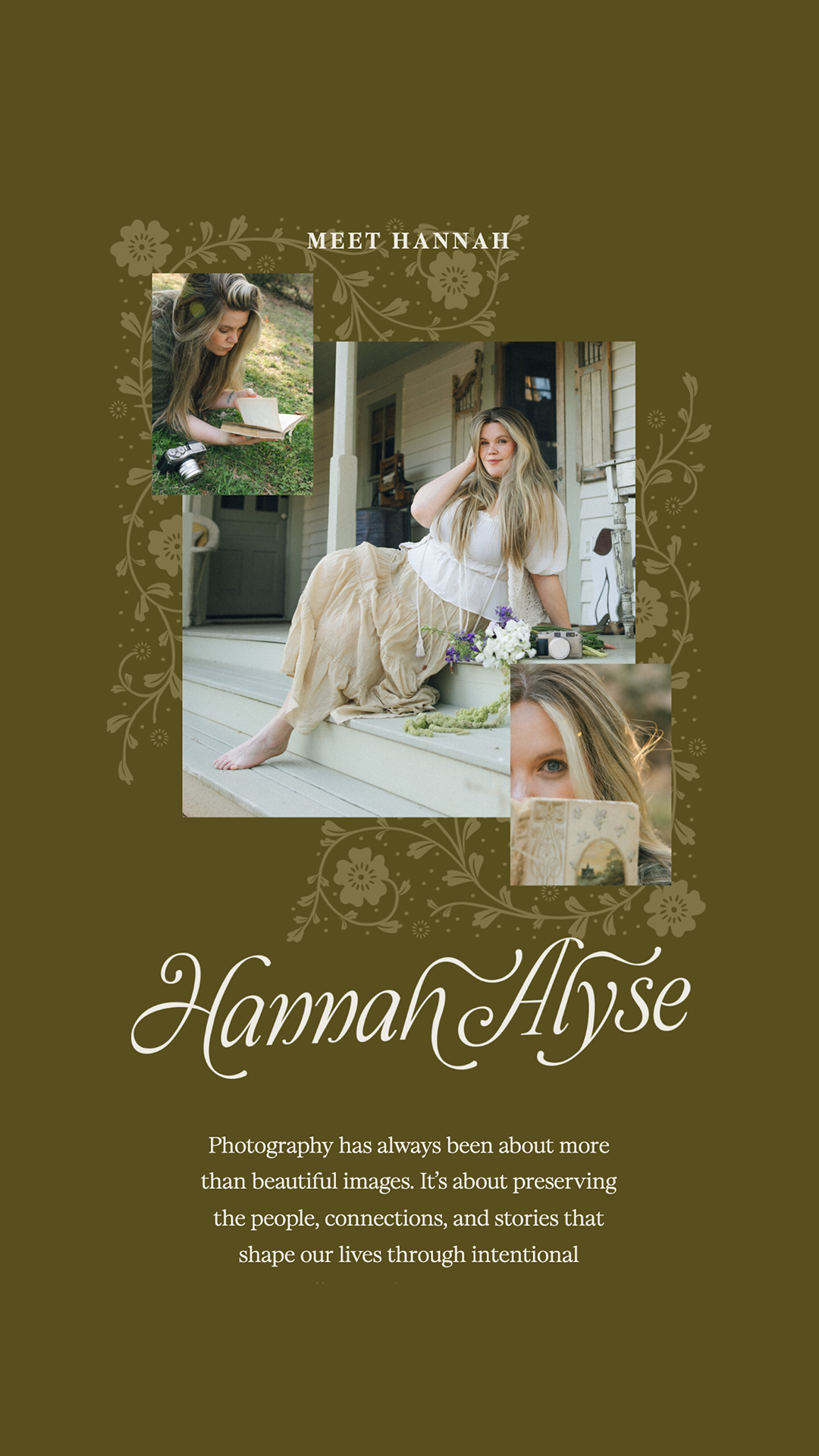Meet Hannah about page design with vintage photo frames, Showit website mockup