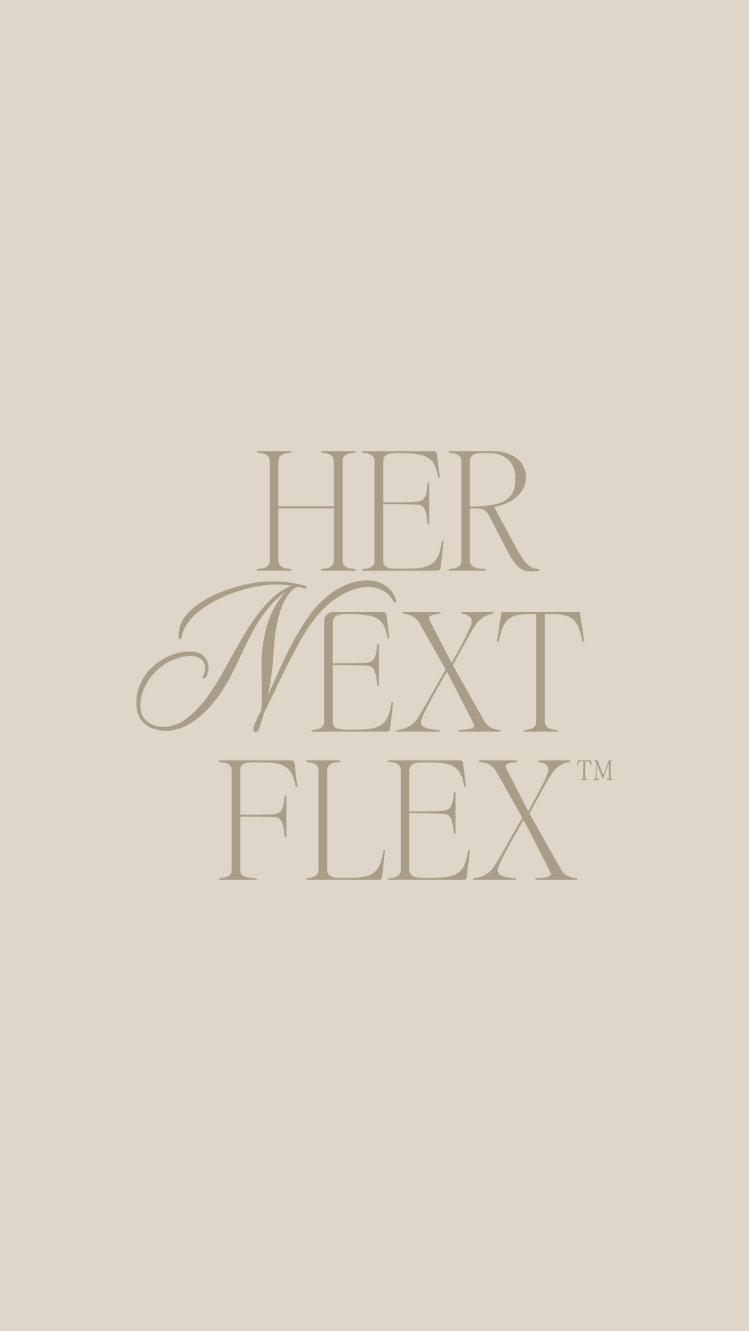 Her Next Flex™ primary wordmark logo design in warm taupe on an ivory background