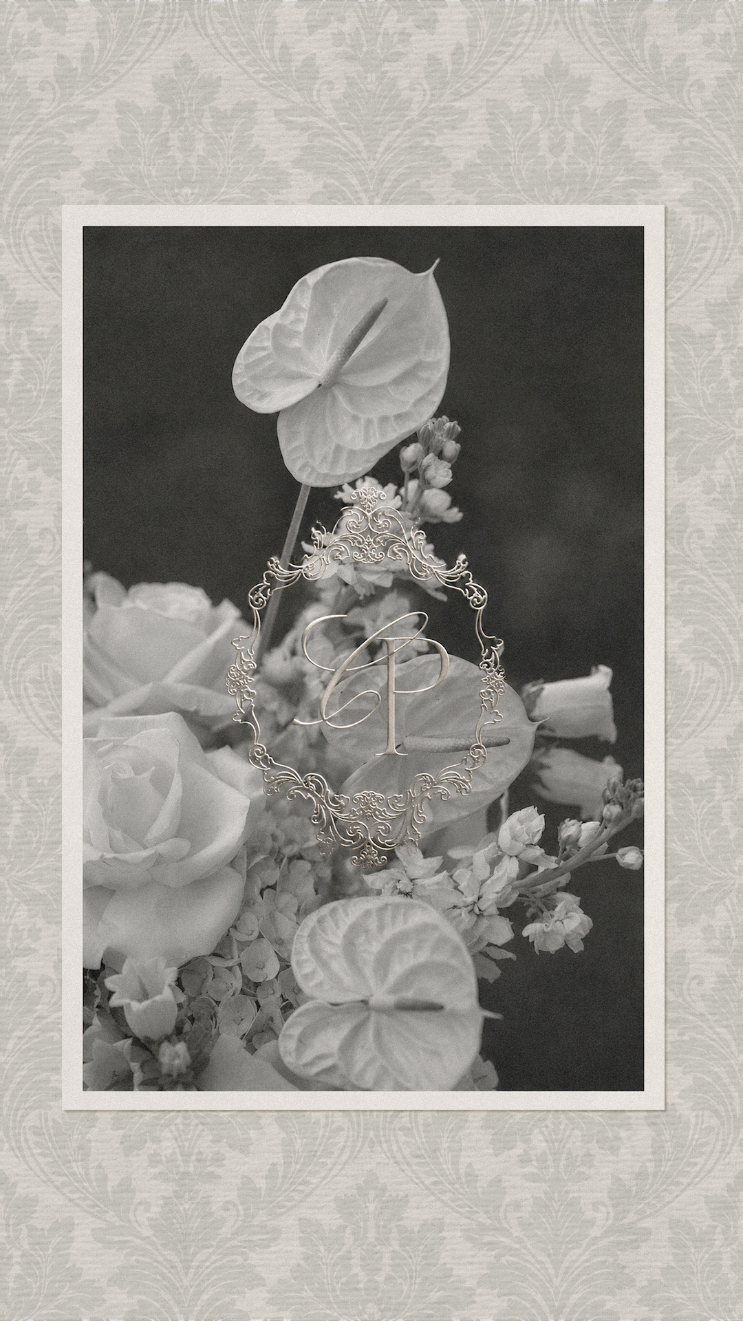 Black and white bridal bouquet with gold CP monogram frame, luxury wedding photography branding