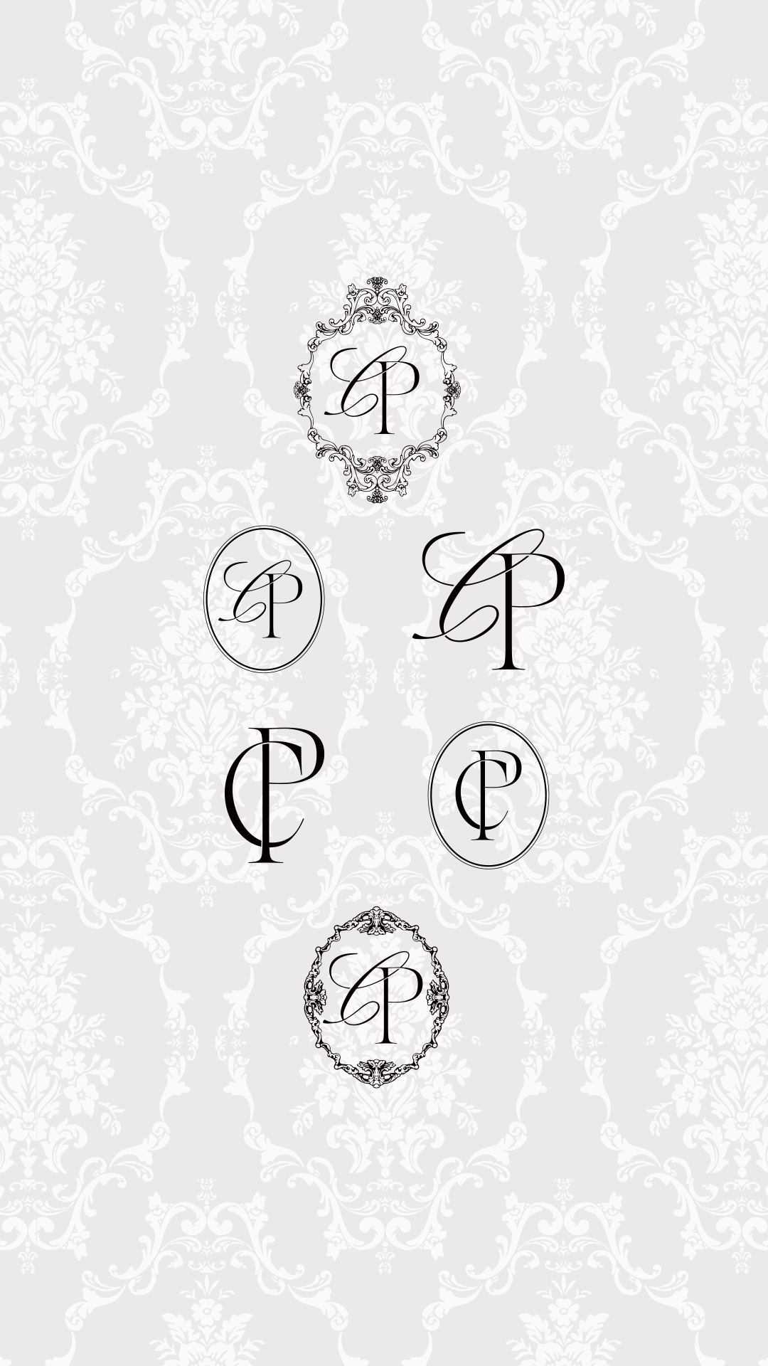 Monogram and submark logo variations for wedding photography brand, CP initials in ornate frame styles