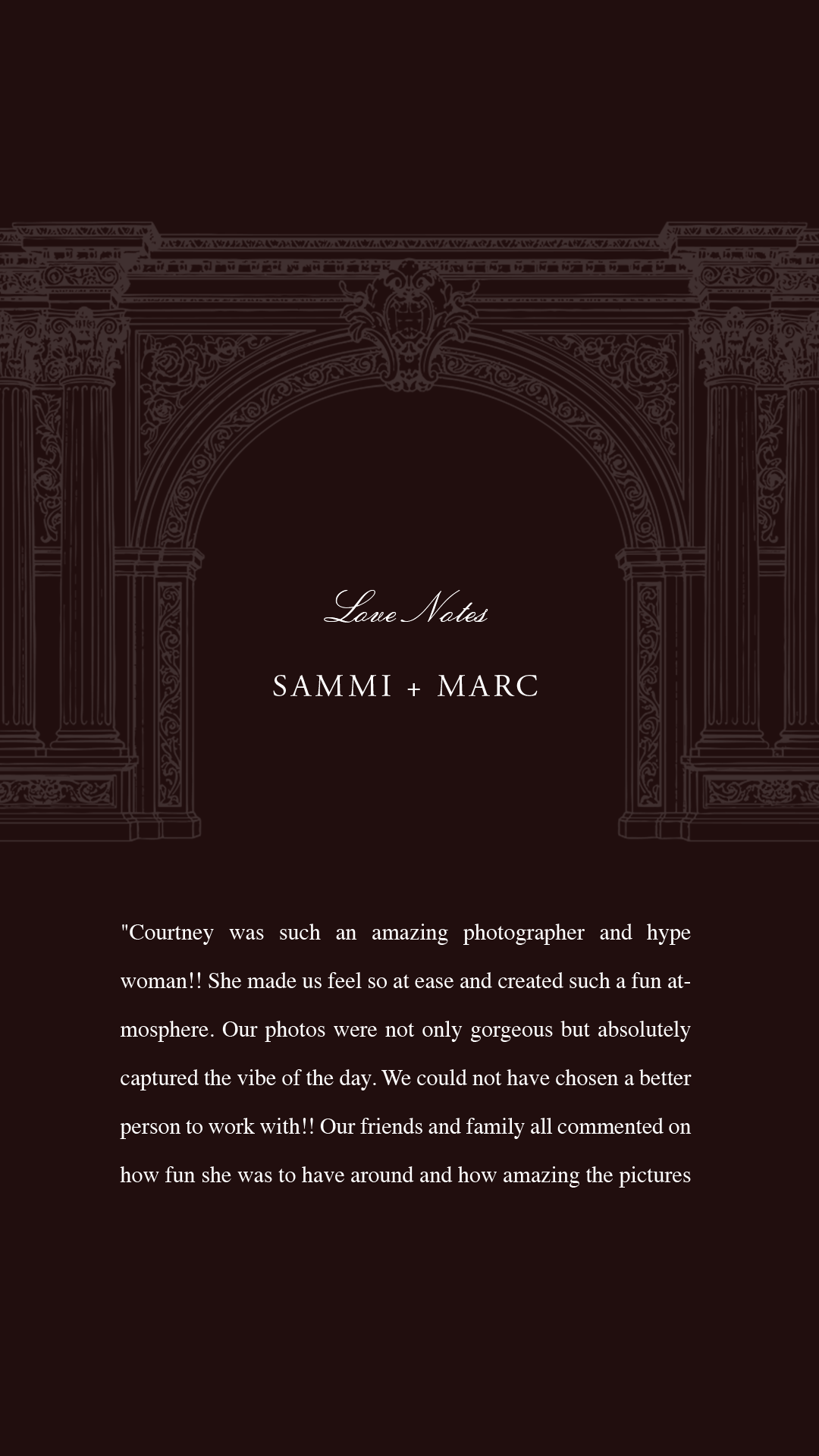 "Love Notes" client testimonial template for wedding photographers, review from Sammi and Marc