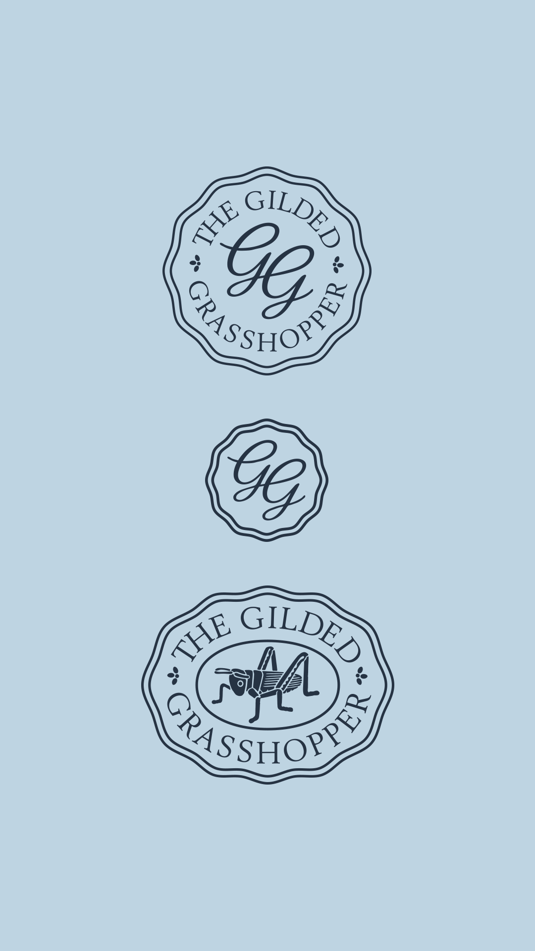 Three navy badge logos for The Gilded Grasshopper, including a GG monogram seal and a grasshopper emblem, on sky blue