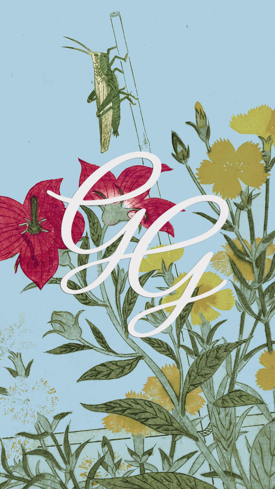 GG script monogram over a vintage botanical illustration of a grasshopper with red and yellow wildflowers on a sky blue background