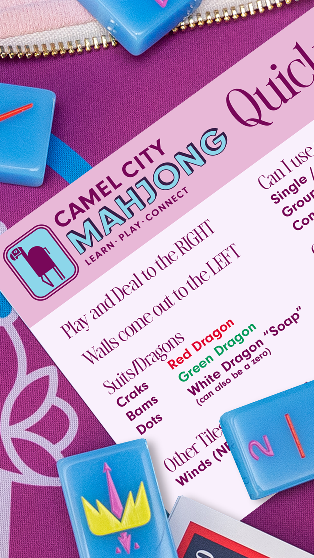 Camel City Mahjong branded quick tips reference card styled with mahjong tiles