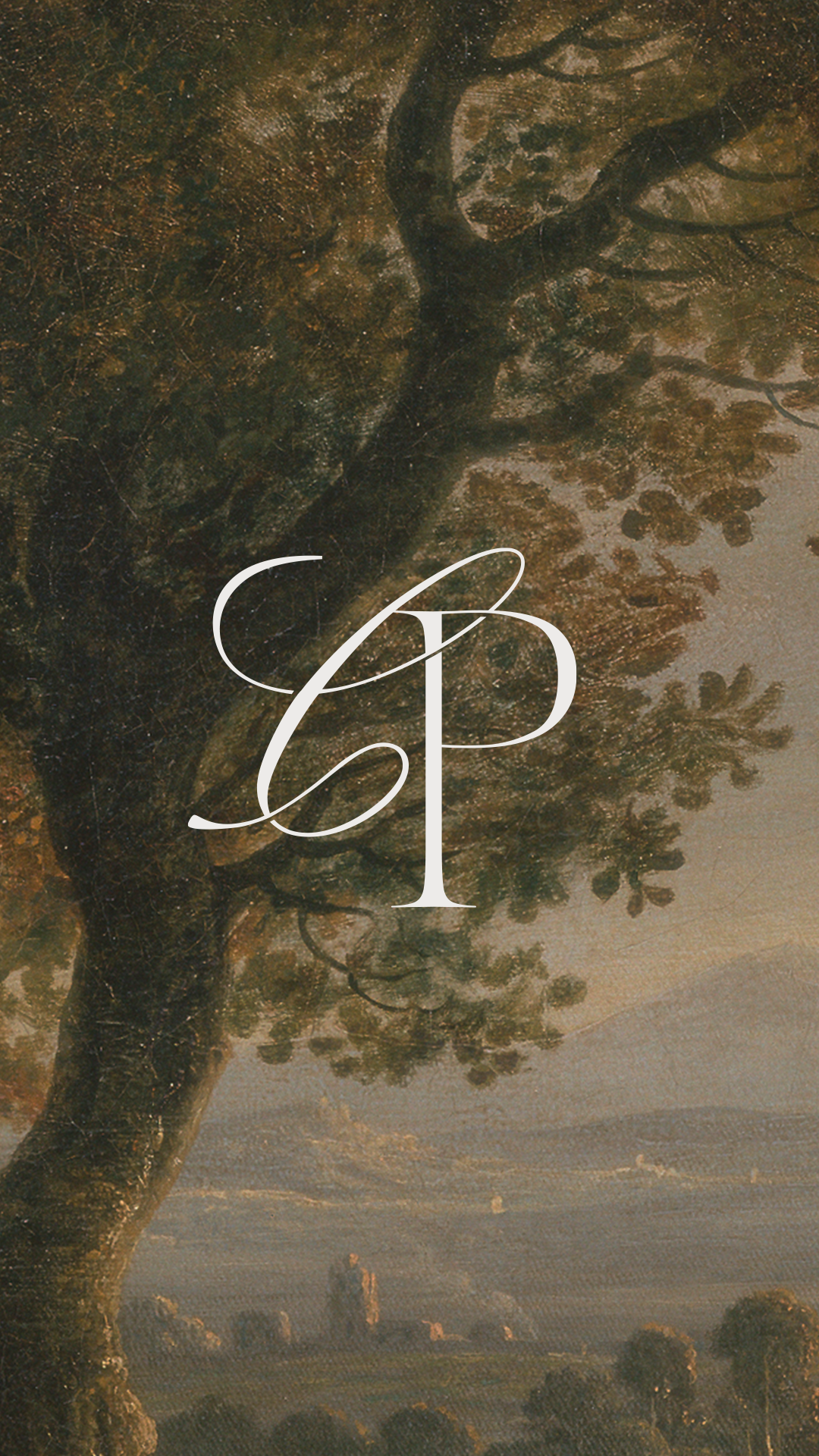 CP monogram submark over vintage landscape painting, elegant branding for luxury wedding photographer