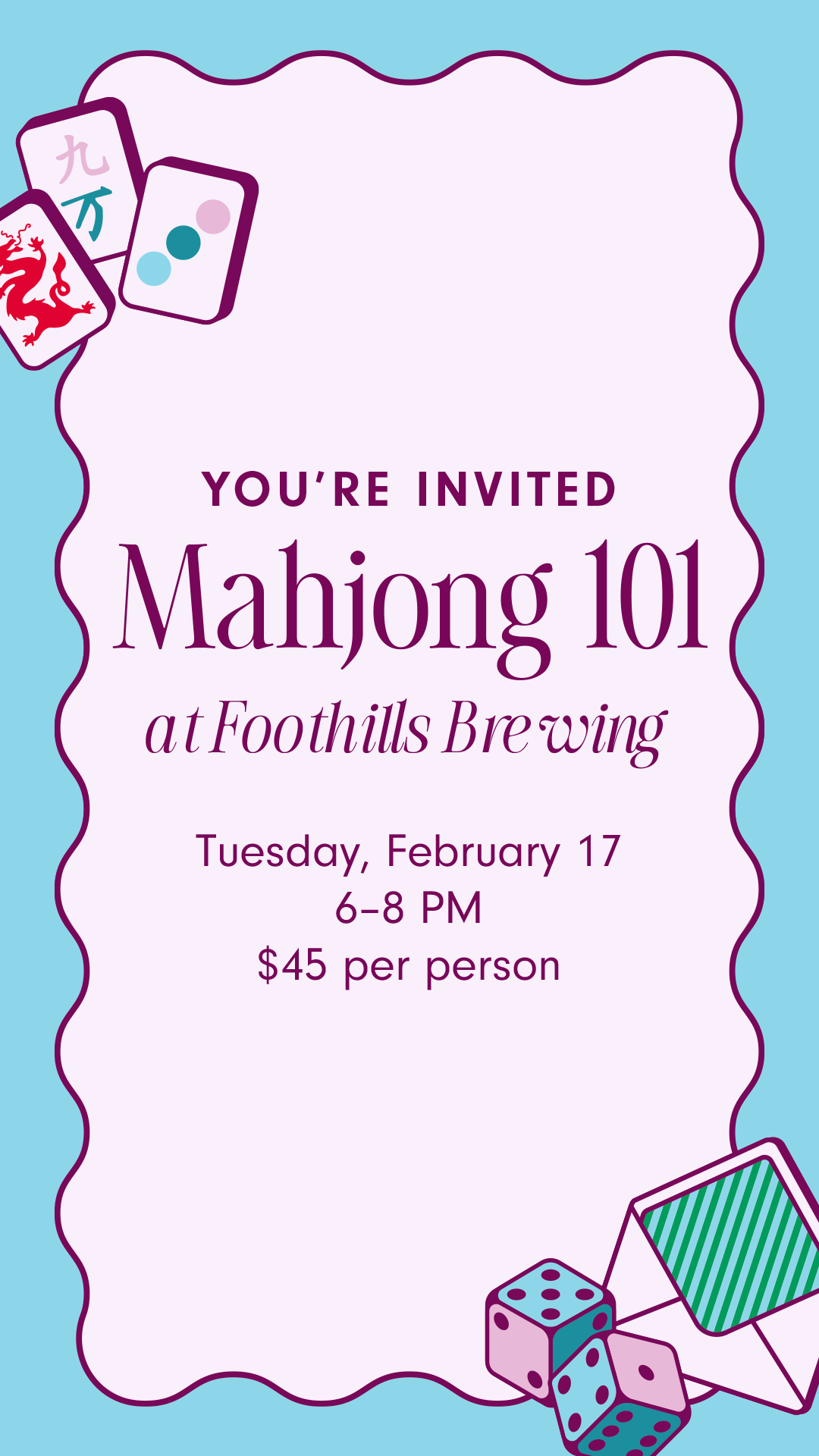 Camel City Mahjong "Mahjong 101" event invitation graphic with a wavy purple frame