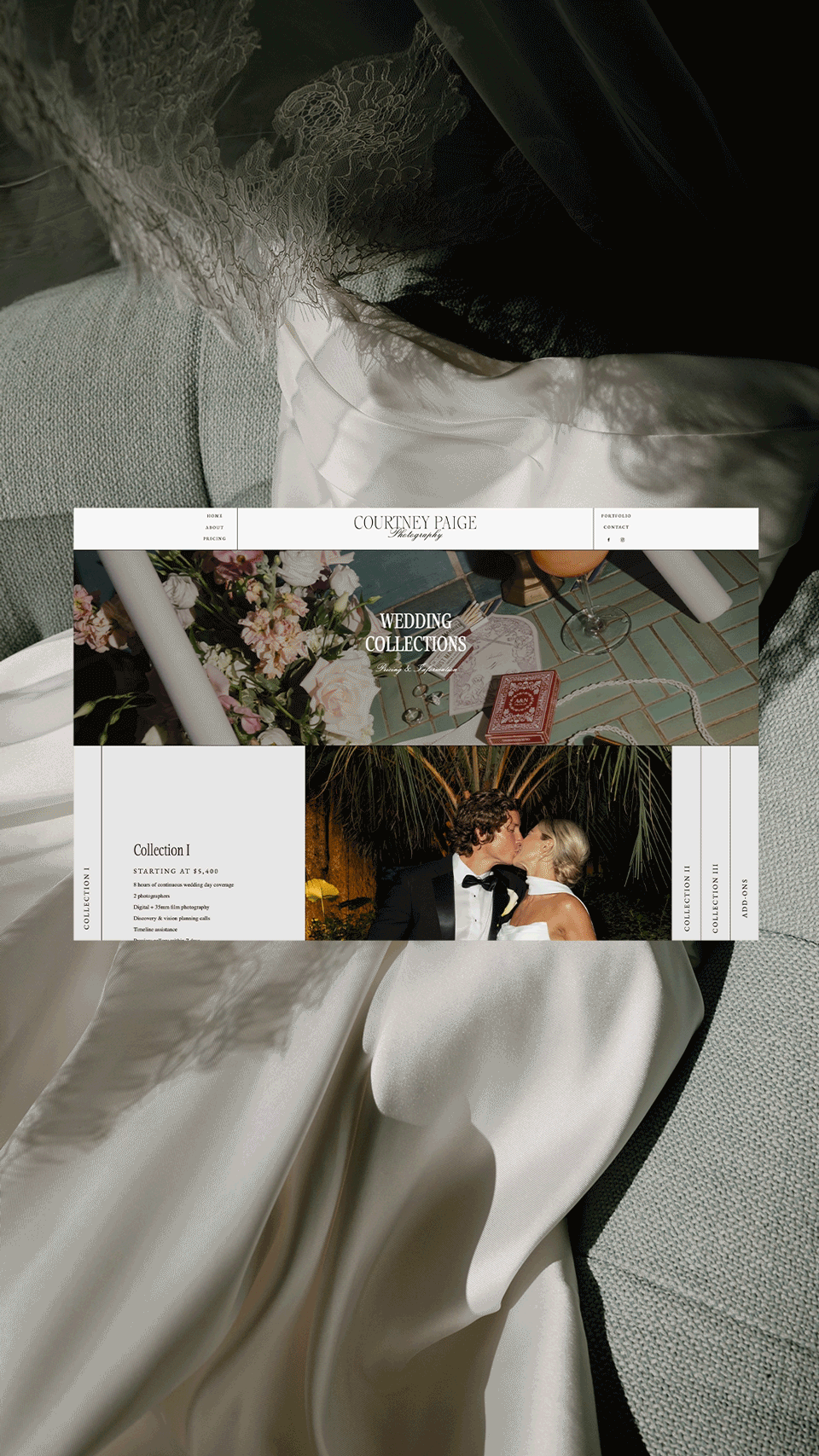 Showit website design mockup of luxury wedding photographer pricing page, Wedding Collections and package details