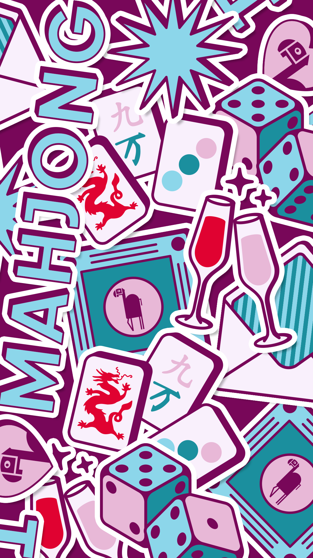 Camel City Mahjong illustrated sticker pattern with mahjong tiles, dice, and dragons