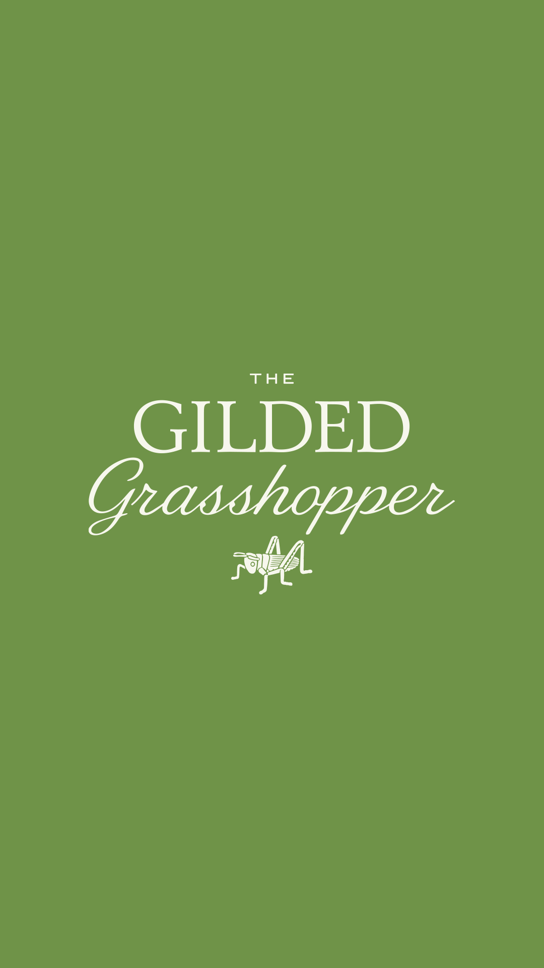 The Gilded Grasshopper secondary logo pairing serif and script type with a grasshopper illustration in cream on green