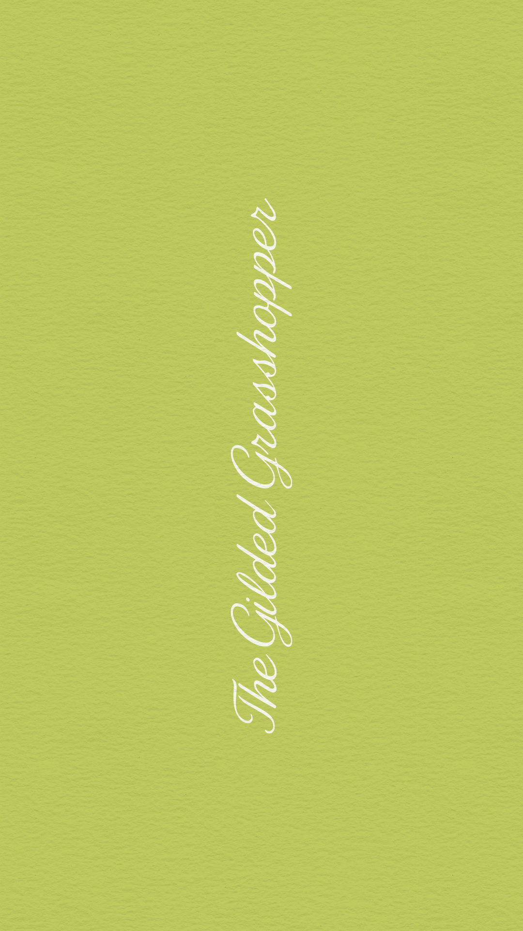 Vertical script wordmark for The Gilded Grasshopper in white on textured lime green paper, Charleston lifestyle brand design