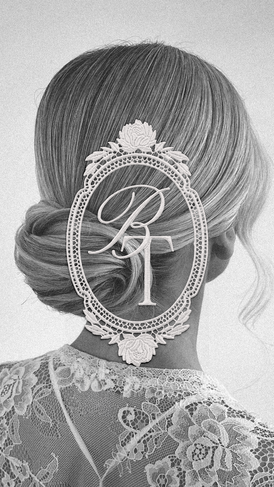 Black and white bridal low chignon with The Beauty Tribe lace BT monogram frame overlay, luxury bridal beauty brand design