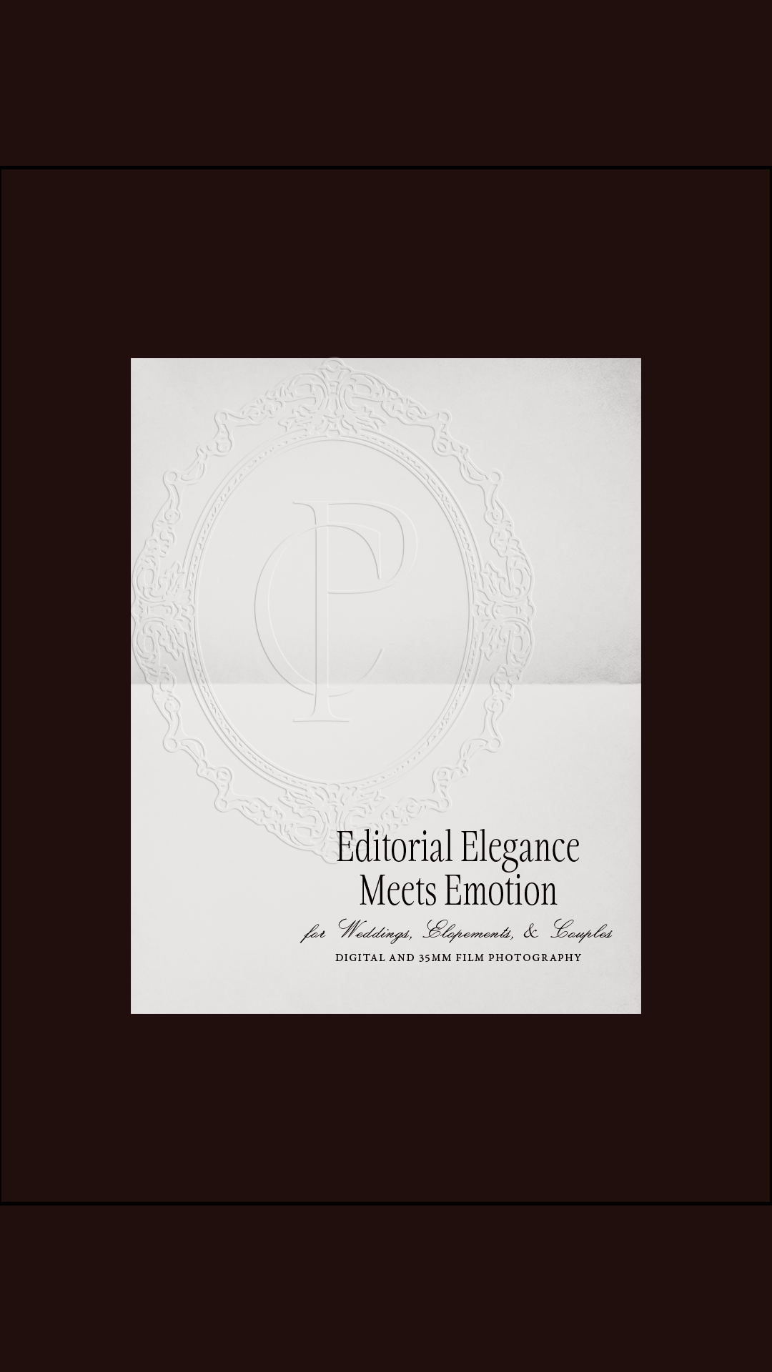 Wedding photography brand board mockup with "Editorial Elegance Meets Emotion" tagline for weddings and elopements