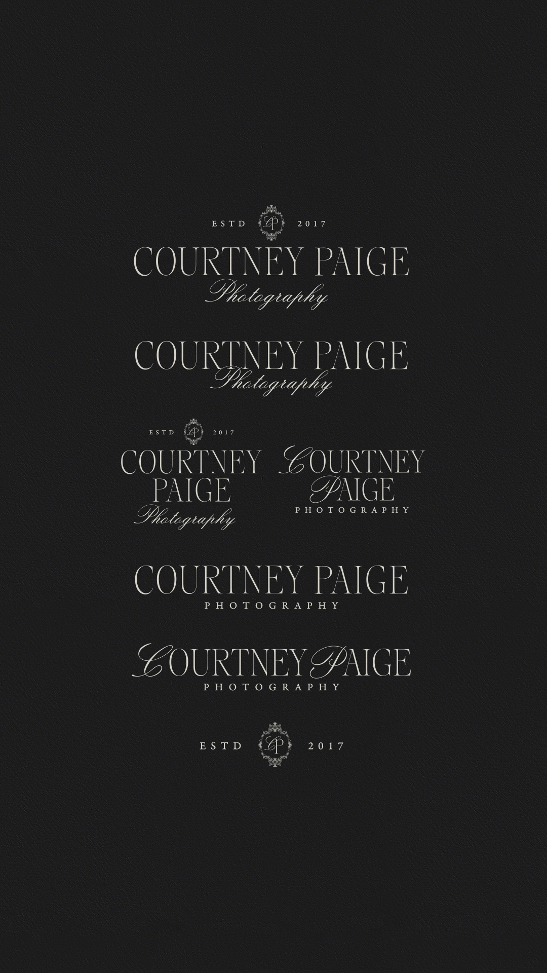 Wedding photographer logo suite showing primary logo, submark, and monogram lockup variations