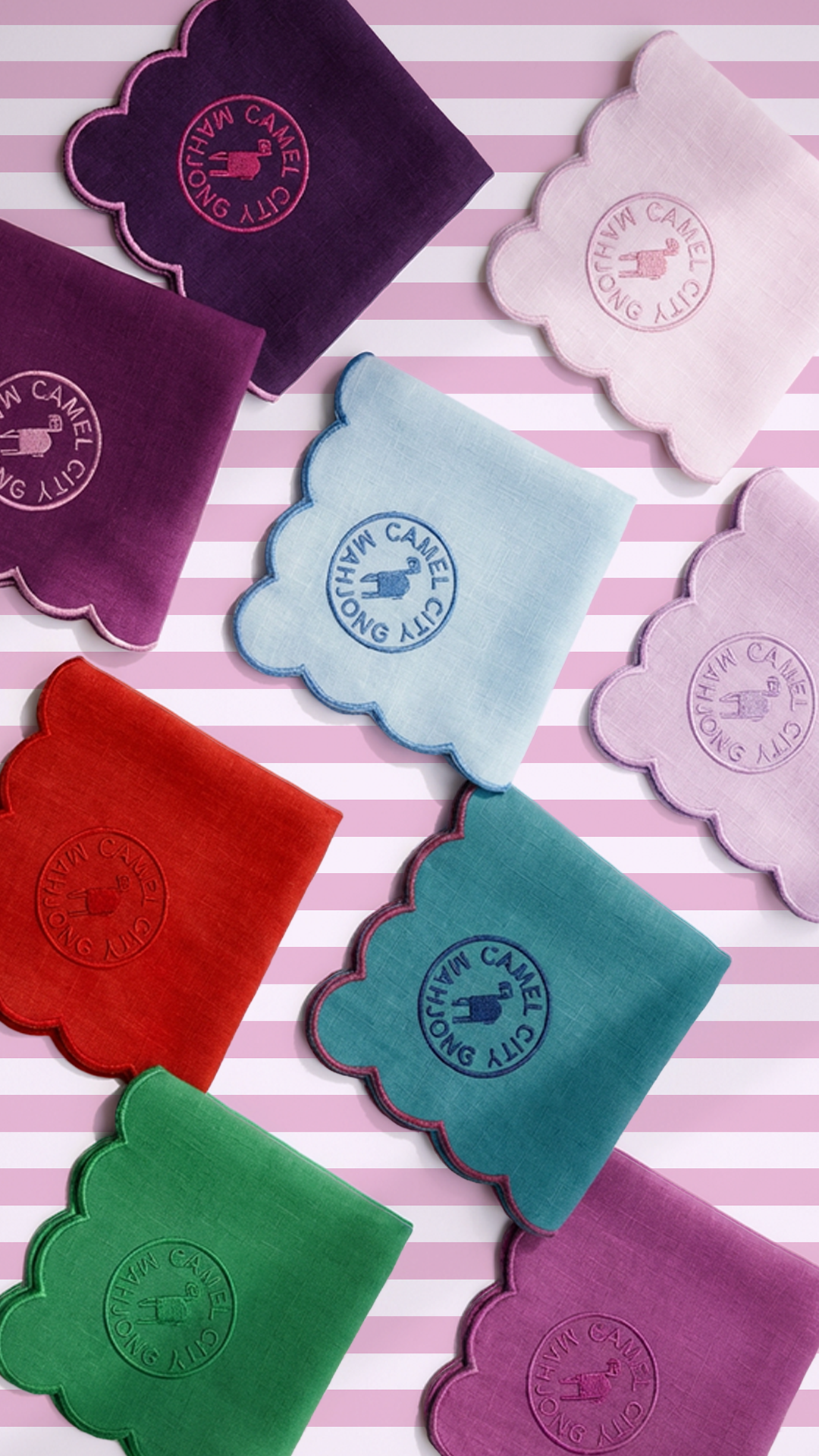 Camel City Mahjong embroidered scalloped cocktail napkins in the brand color palette