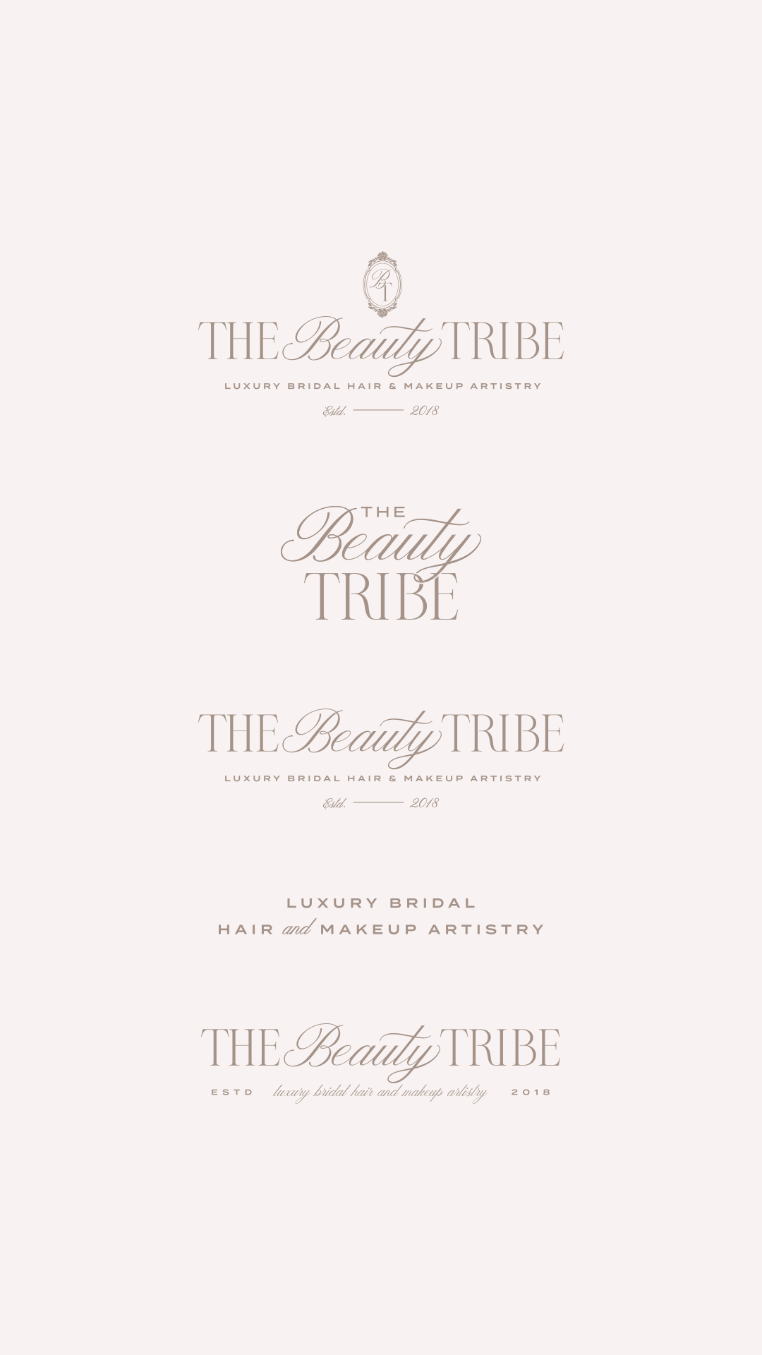 The Beauty Tribe logo suite with primary logo, stacked logo, secondary logo, and tagline lockups in taupe, bridal beauty brand identity