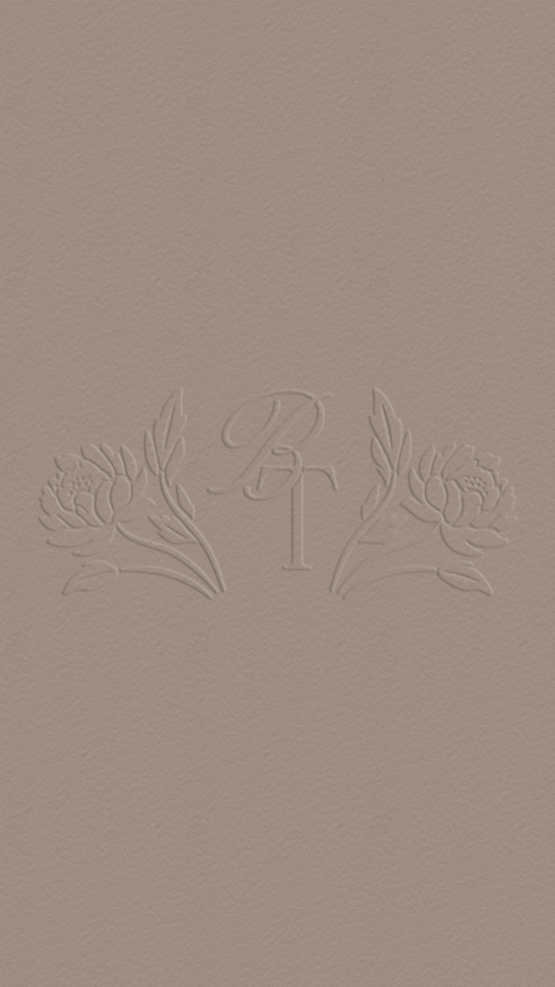 Embossed BT monogram flanked by peony illustrations on textured taupe paper, The Beauty Tribe brand identity