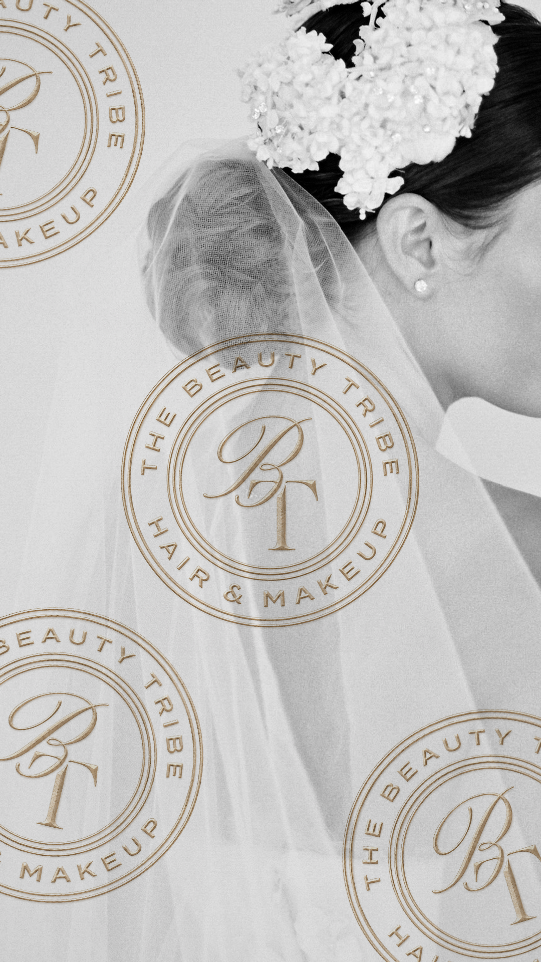 Gold foil The Beauty Tribe hair and makeup seal pattern over a black and white bride in a veil, luxury brand identity design