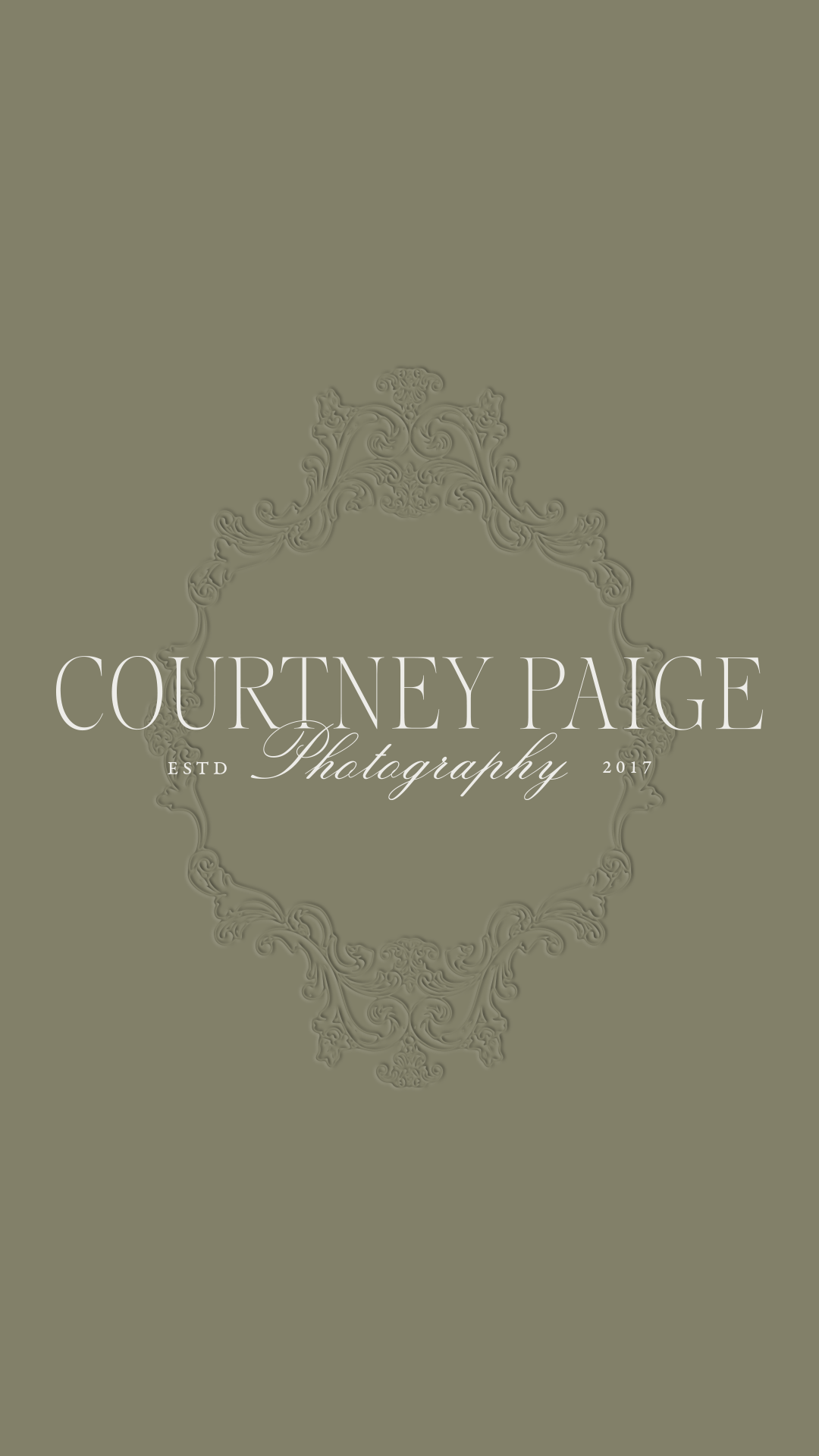 Primary logo design for luxury wedding photographer brand, ornate vintage frame with "Courtney Paige Photography, Est. 2017"