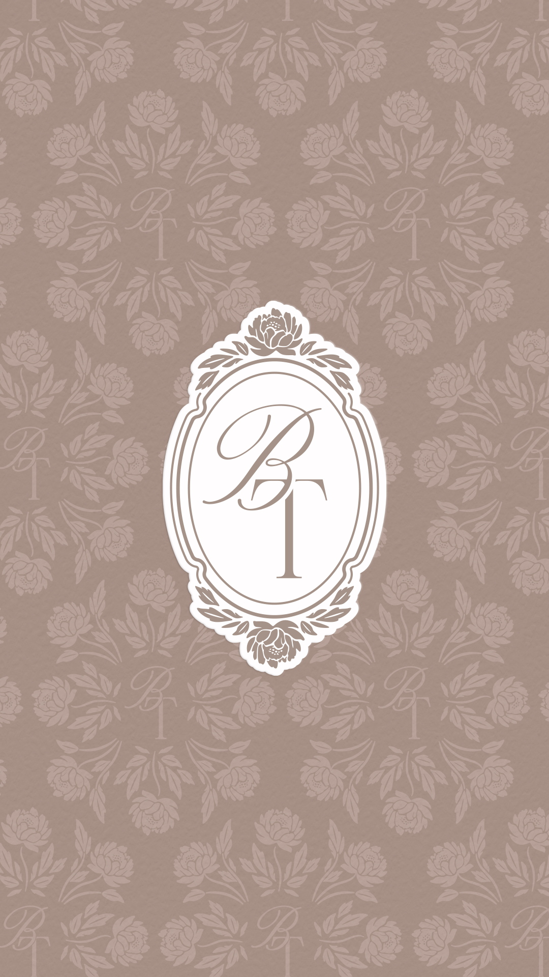 The Beauty Tribe BT monogram crest sticker on custom peony and monogram brand pattern in mauve