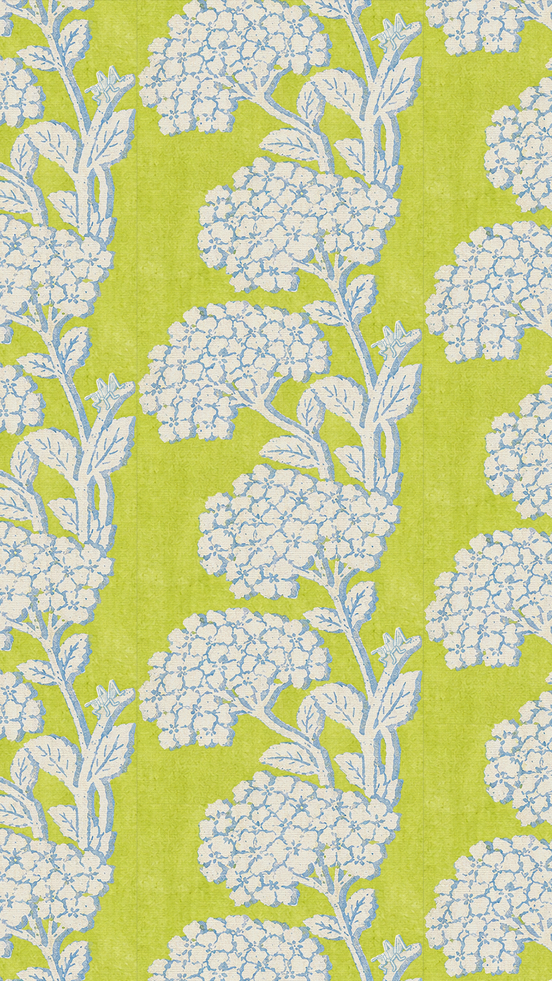 Custom hydrangea block-print pattern in blue and cream on lime green with hidden grasshopper motifs, The Gilded Grasshopper