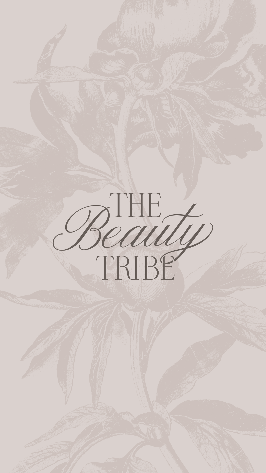 The Beauty Tribe stacked script logo over vintage peony illustration in soft taupe, bridal beauty brand identity