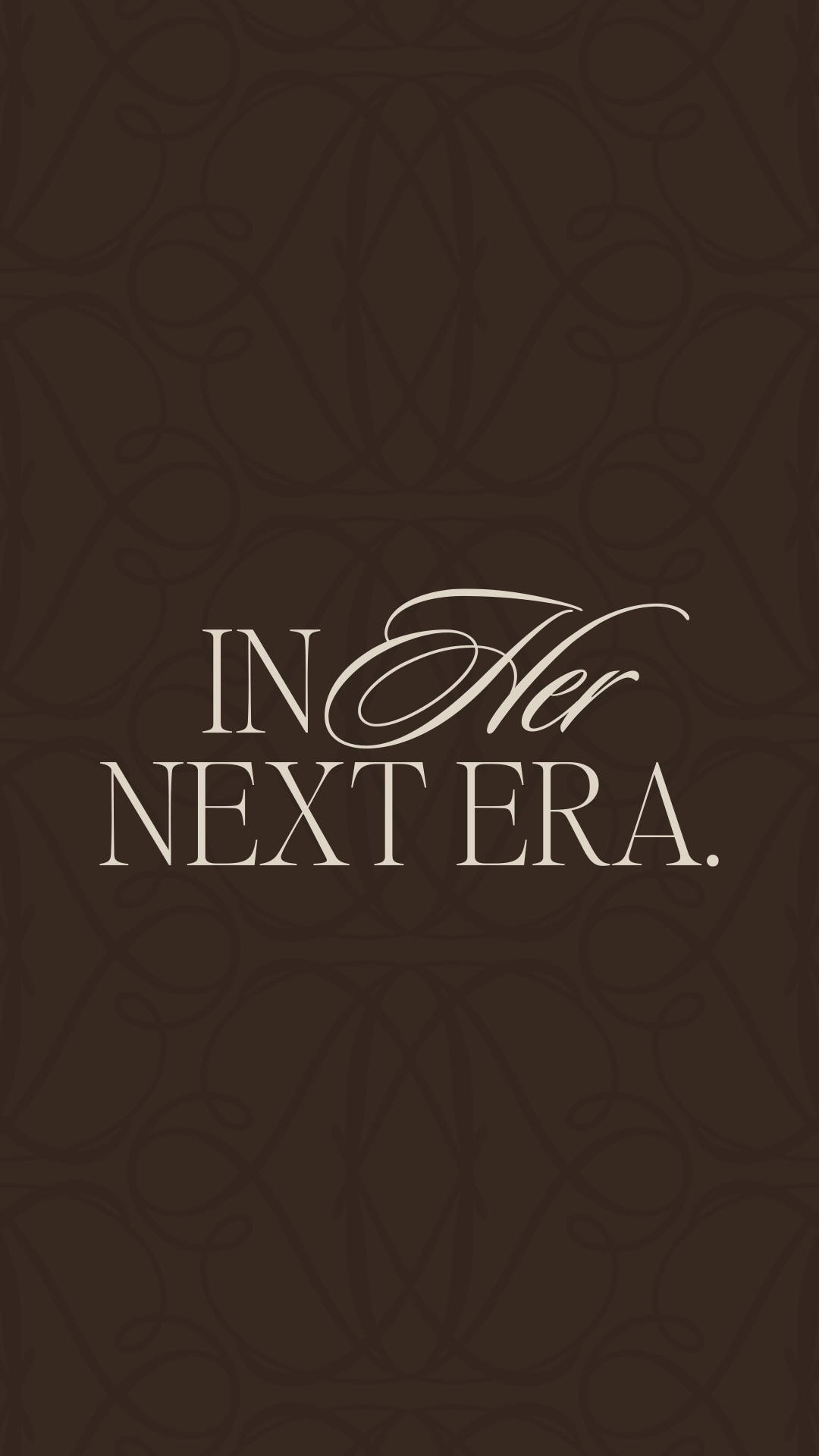 Her Next Flex "In Her Next Era" brand tagline design on a dark brown patterned background