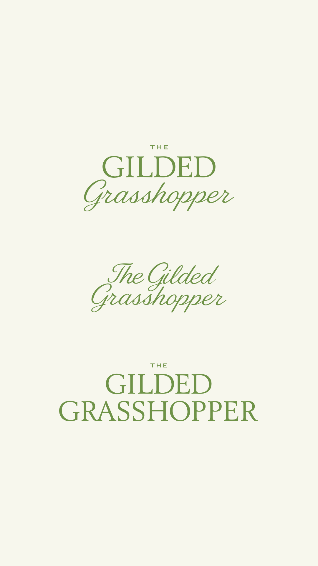 Three wordmark logo variations for The Gilded Grasshopper in green serif and script typography on a linen background