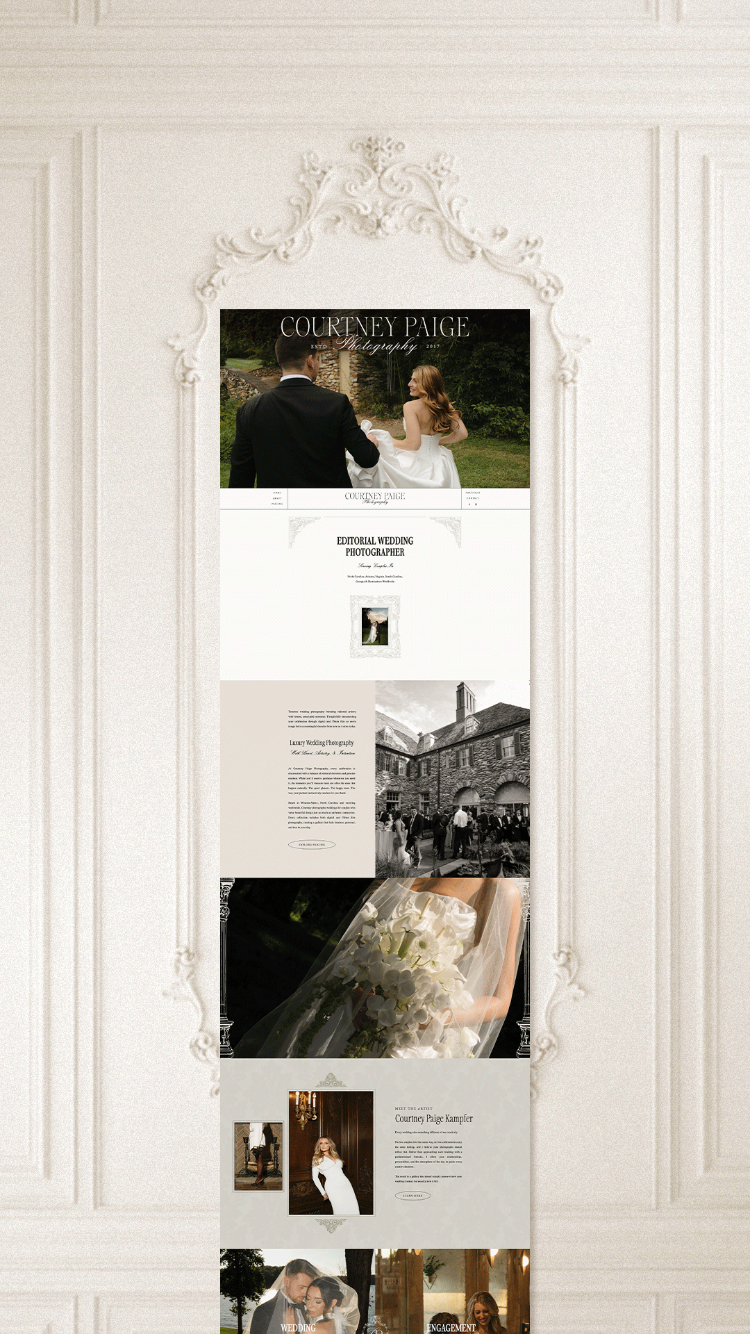 Full Showit website homepage mockup for luxury wedding photographer, hero image, about section, and portfolio galleries